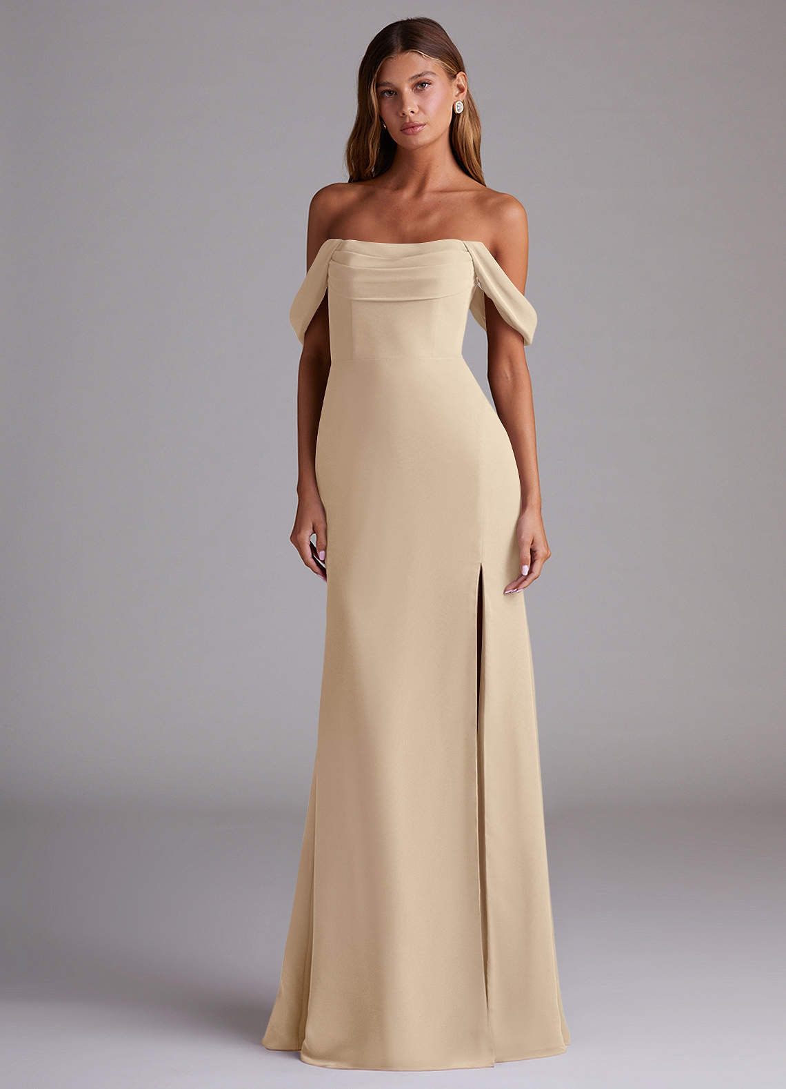Saige A-Line Off-the-Shoulder Chiffon Bridesmaid Dress in Champagne