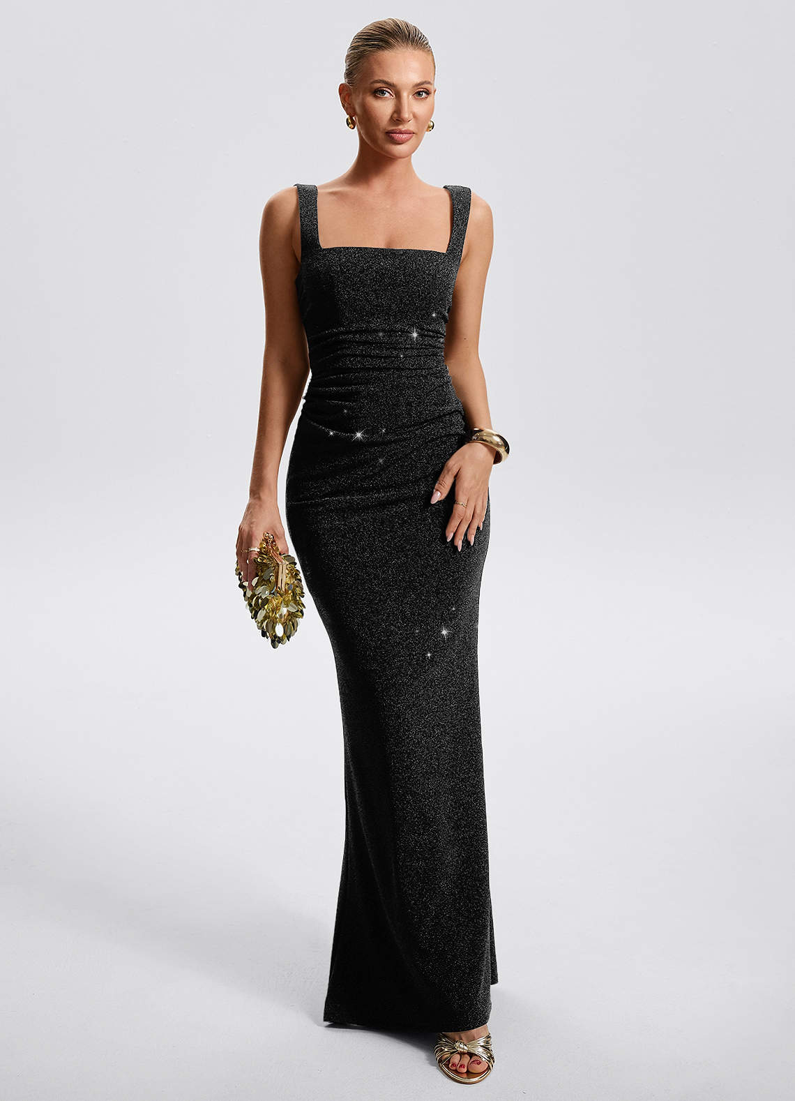 Eira Sheath Square-Neck Metallic Knit Evening Dress in Black