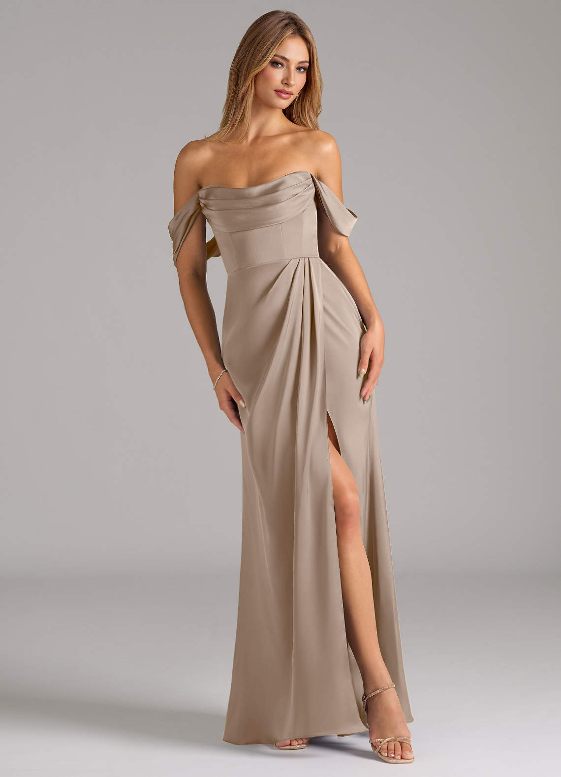 Johana Mermaid Off-the-Shoulder Stretch Satin Bridesmaid Dress in Taupe