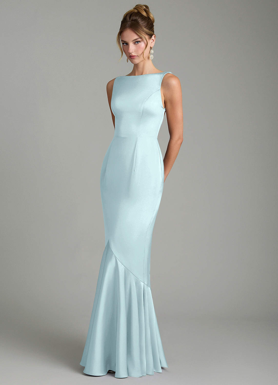 Tamera Mermaid Boat-Neck Stretch Satin and Chiffon Bridesmaid Dress in Sea Glass