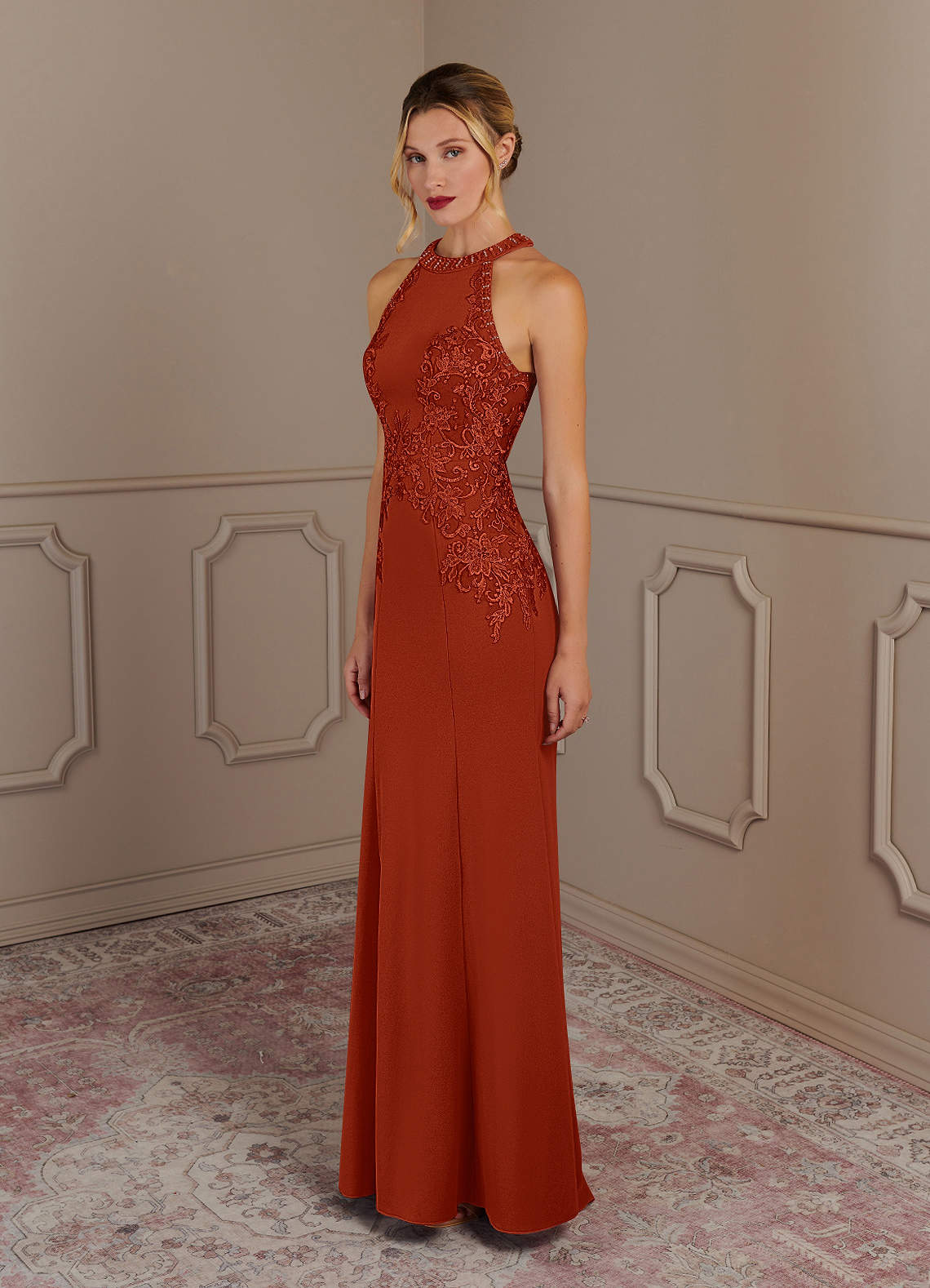 Tyra Mermaid Halter Tulle and Stretch Crepe Mother of the Bride Dress in Rust