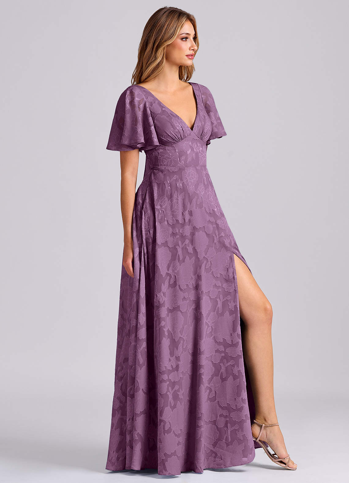 Kimber A-Line V-Neck Floral Burnout Bridesmaid Dress in Wisteria