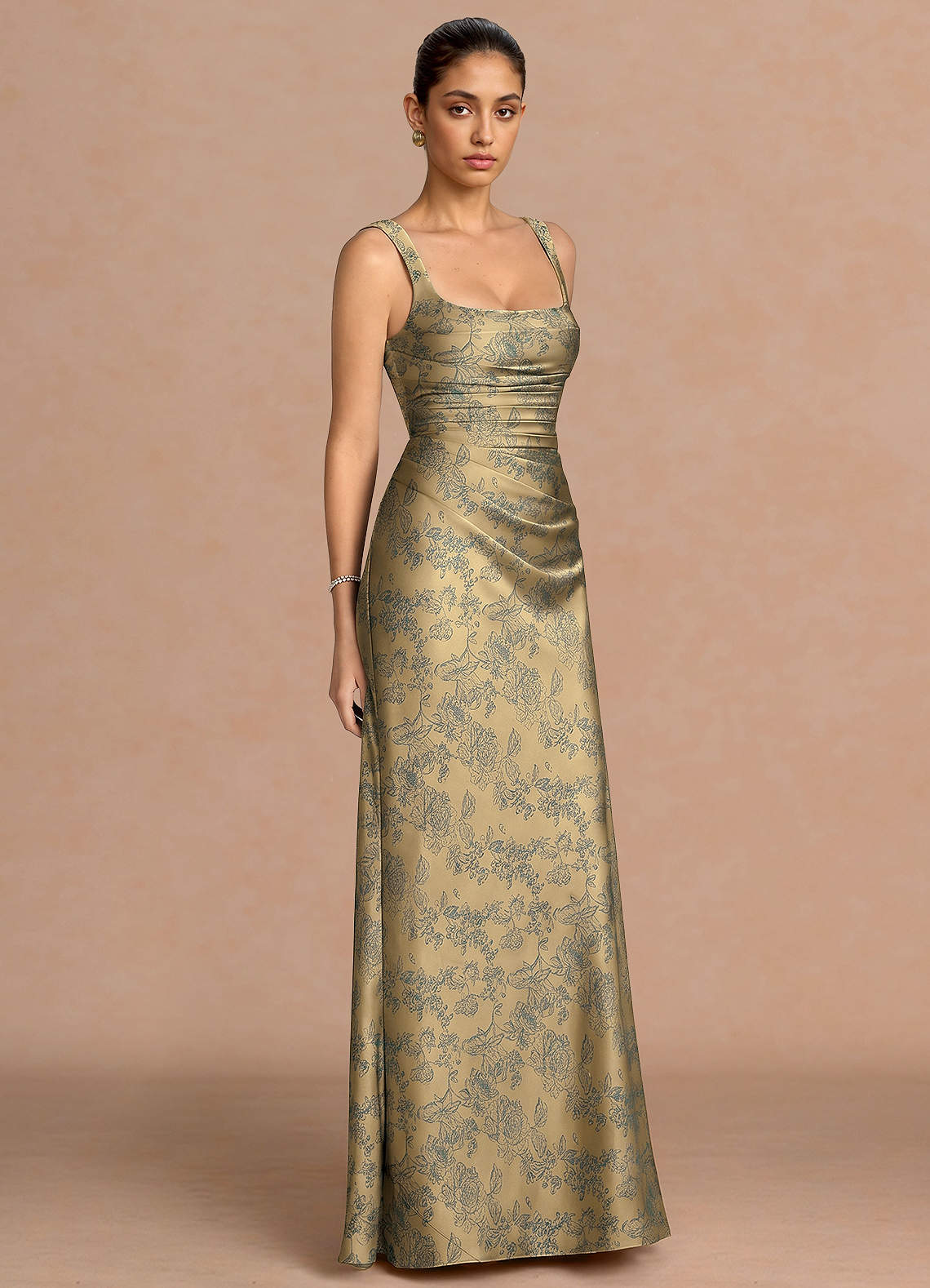 Agustina Square-Neck Pleated Jacquard Evening Dress in Green Brown