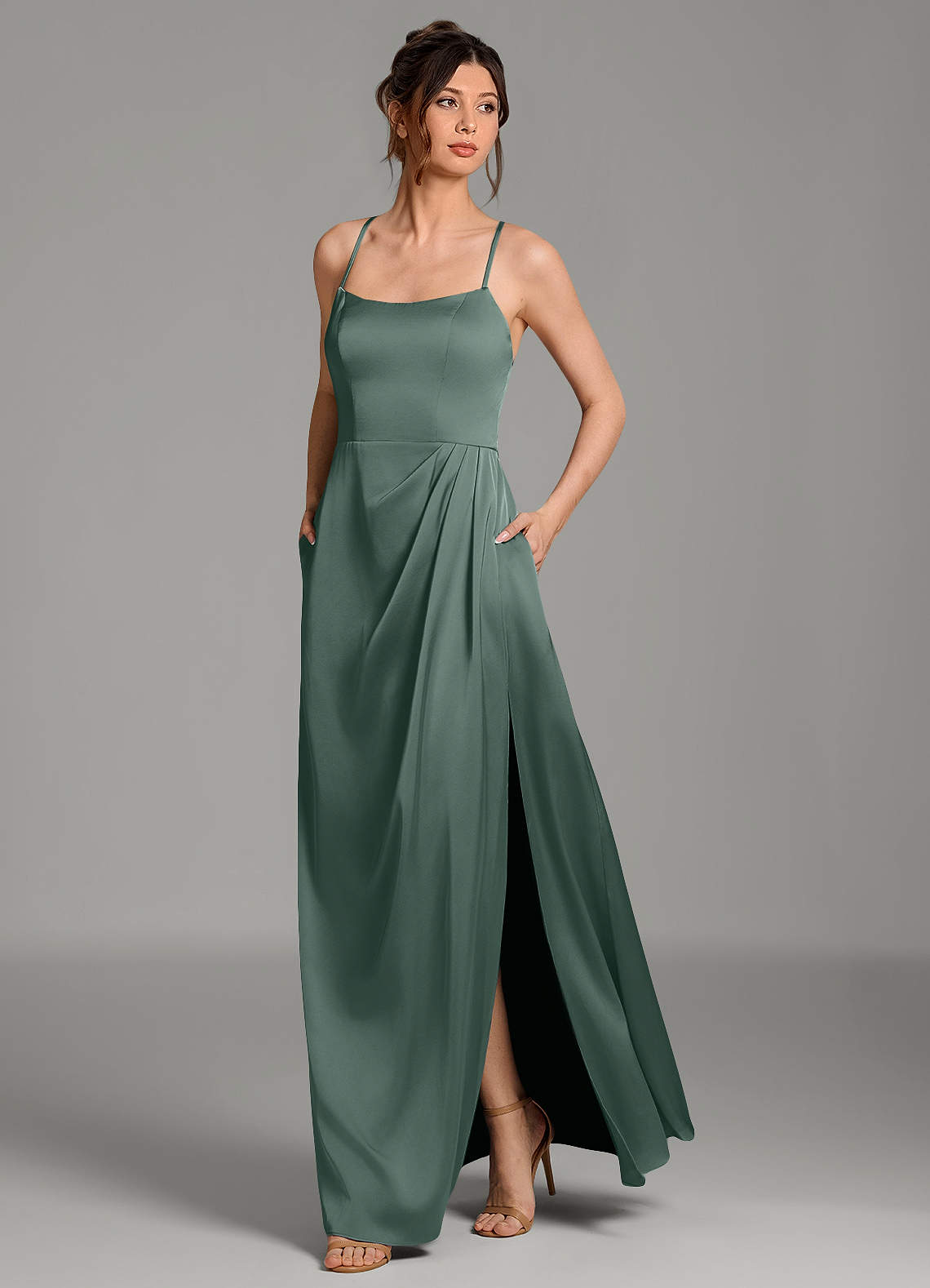 Frankie A-Line Scoop-Neck Stretch Satin Bridesmaid Dress in Sea Moss