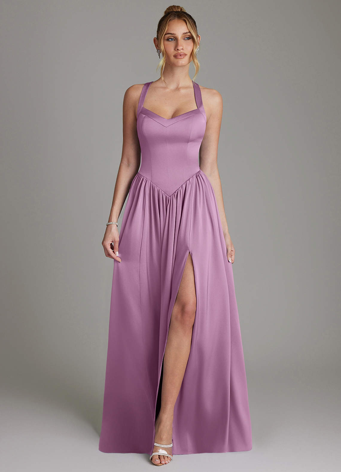 Francis A-Line V-Neck Stretch Satin Bridesmaid Dress in Wisteria