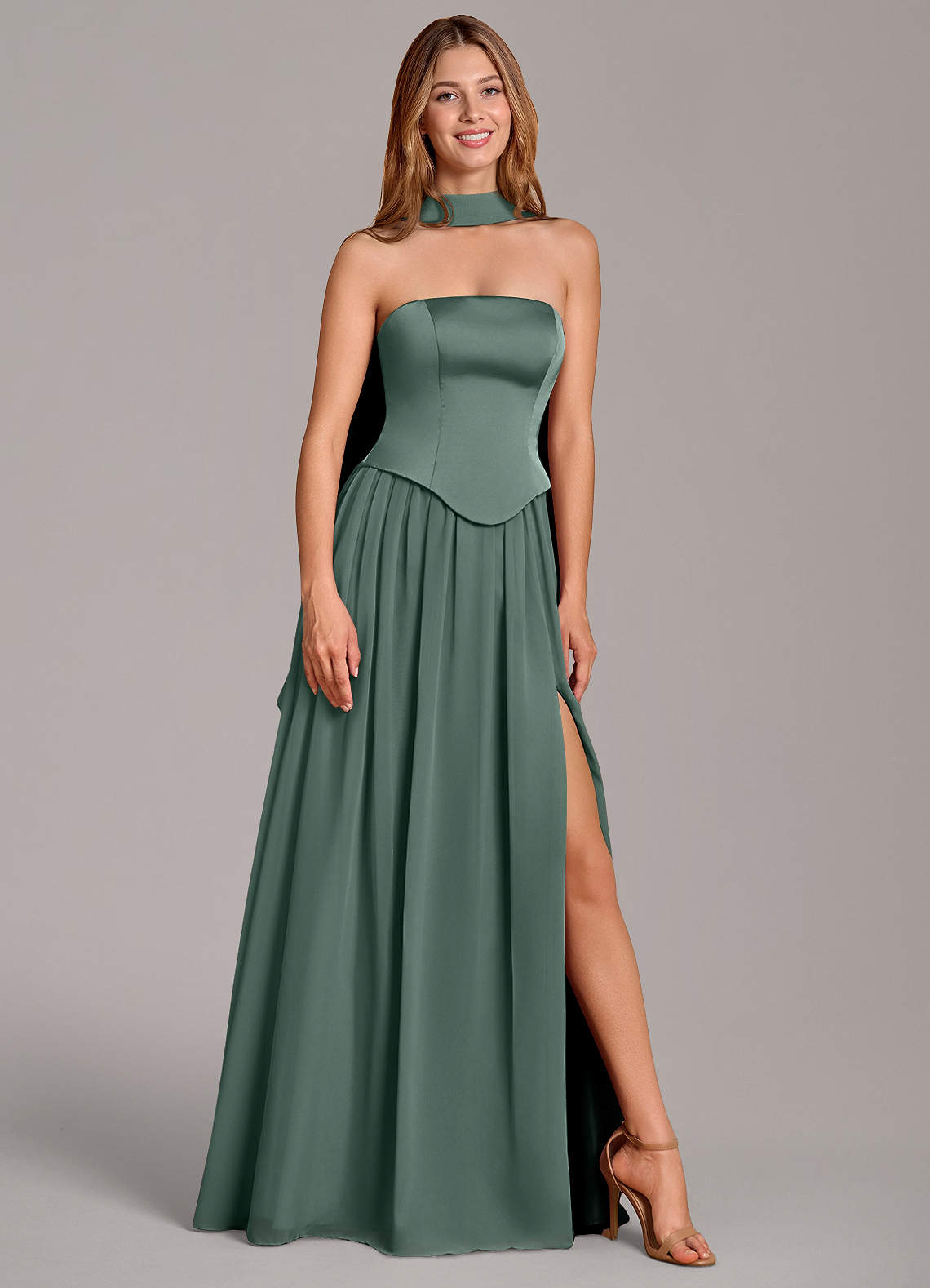 Cadence A-Line Strapless Chiffon and Stretch Satin Bridesmaid Dress in Sea Moss
