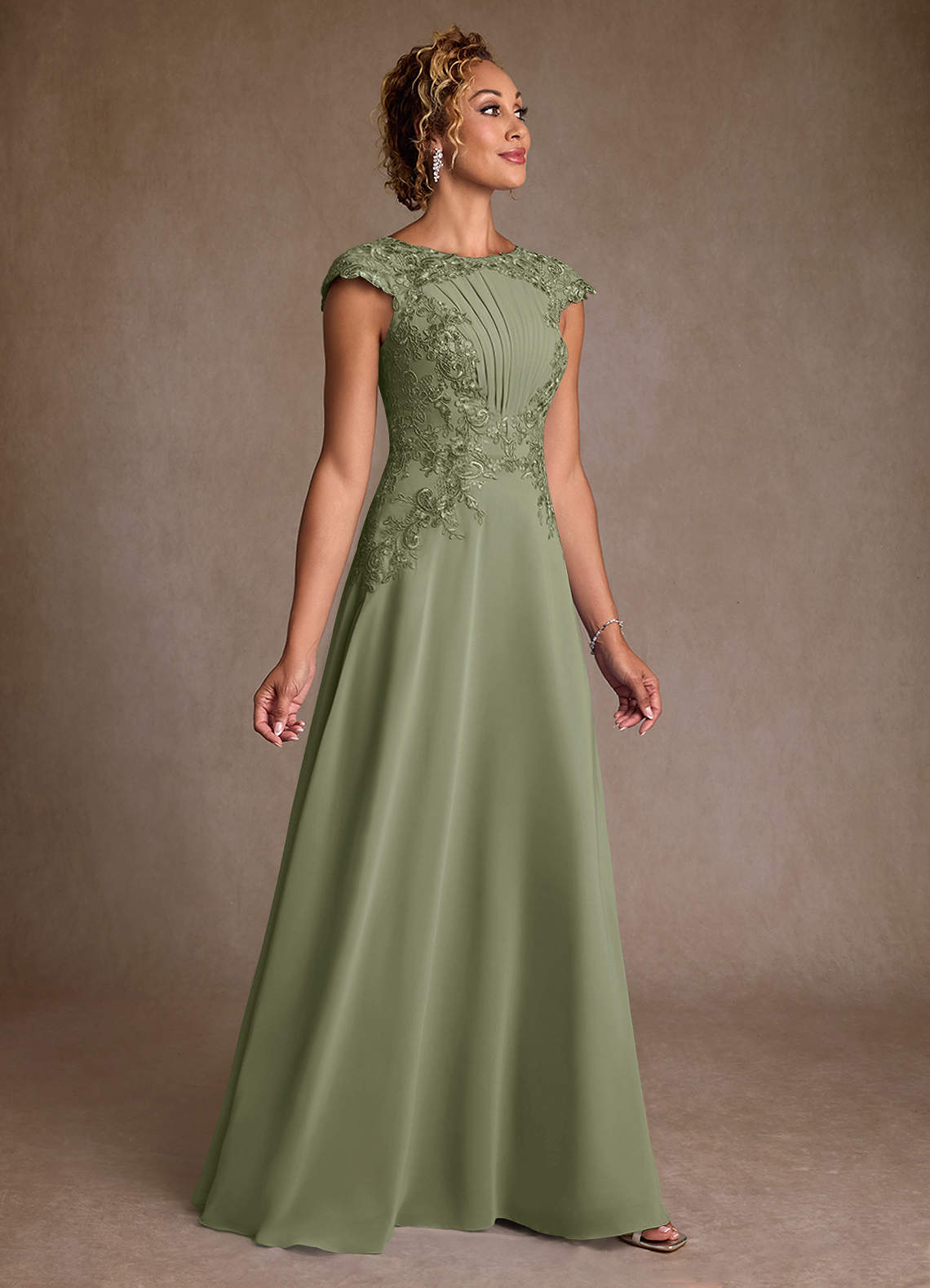Christi A-Line Scoop-Neck Chiffon and Lace Mother of the Bride Dress in Pistachio