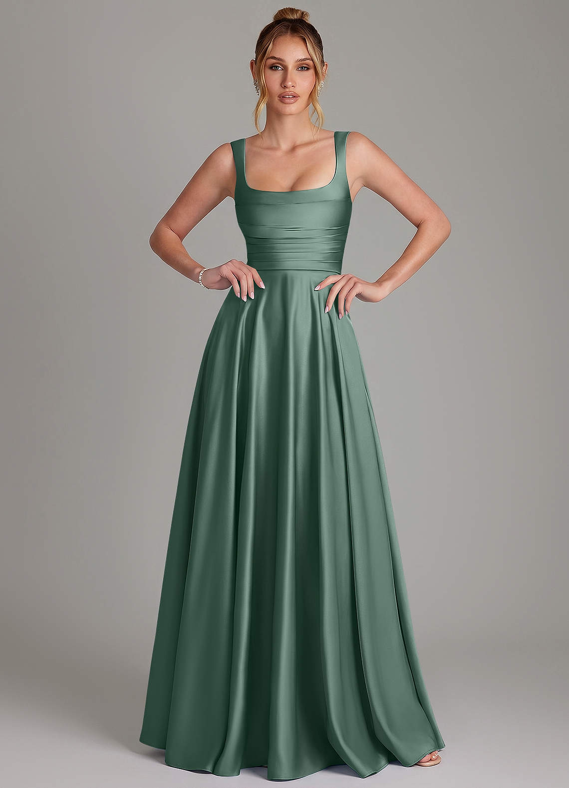 Azaria A-Line Square-Neck Stretch Satin Bridesmaid Dress in Eucalyptus