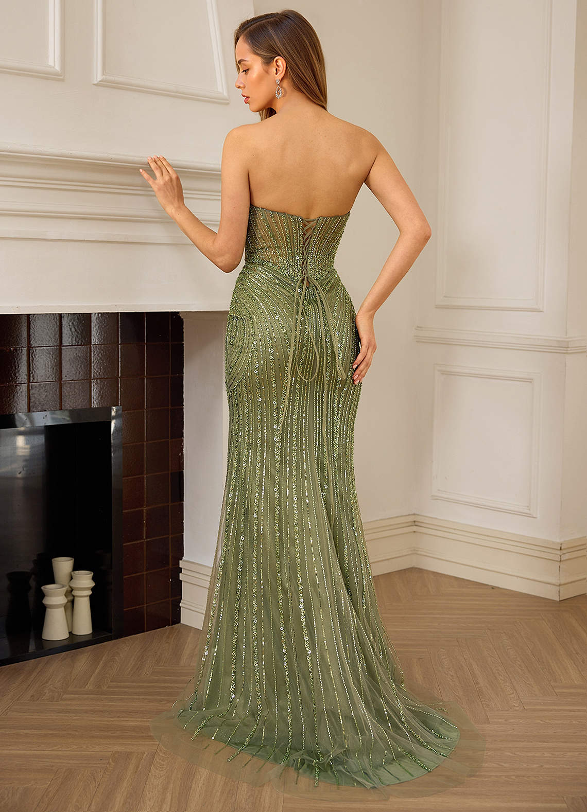 Katheron Mermaid Sweetheart Beaded Tulle Evening Dress in green