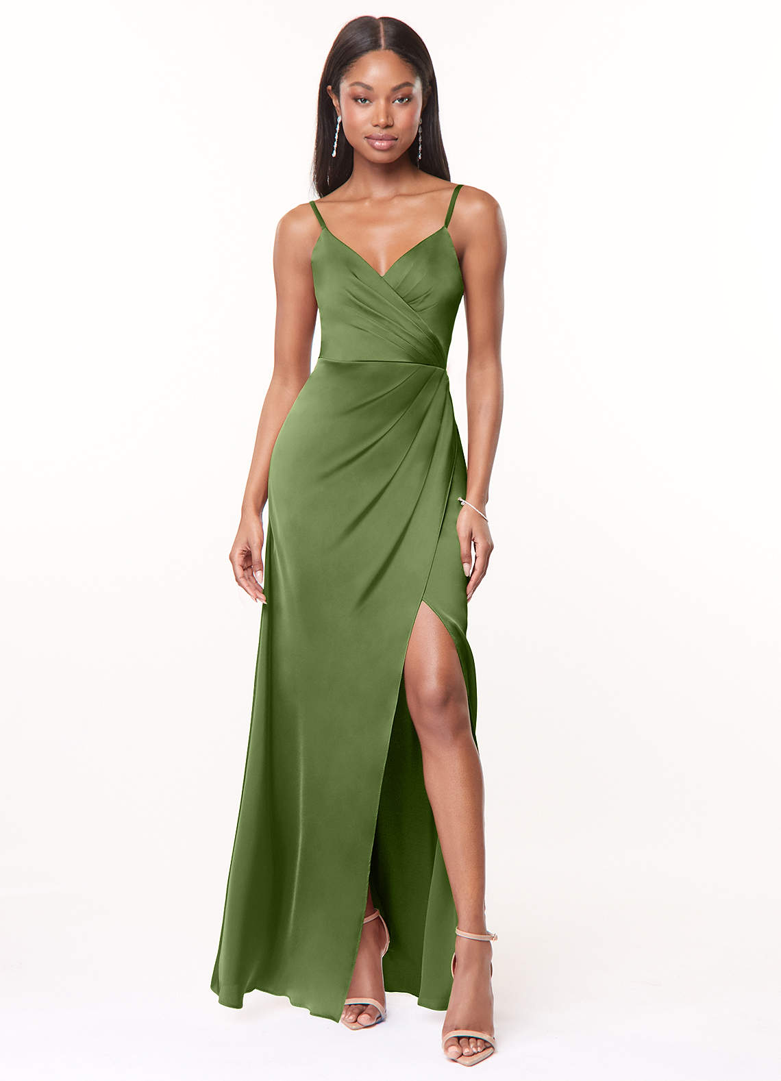 Maci A-Line V-Neck Stretch Satin Bridesmaid Dress in Juniper