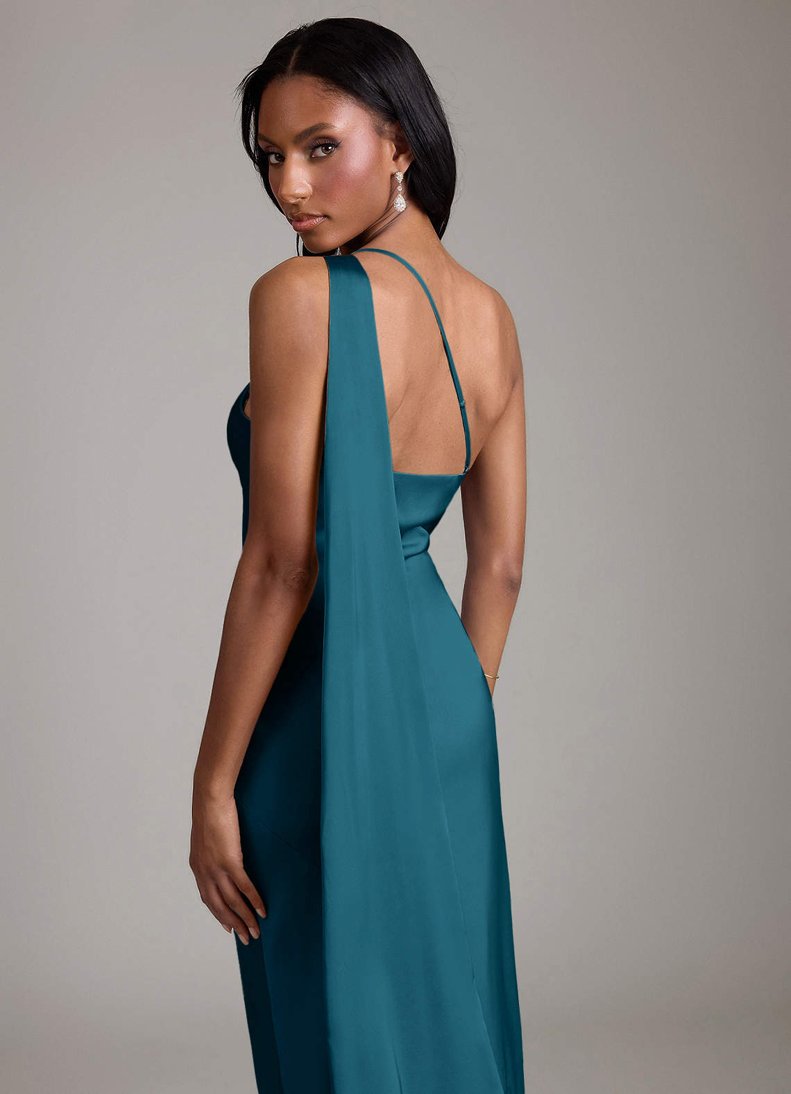 Juniper Mermaid One-Shoulder Stretch Satin Bridesmaid Dress in Ink Blue