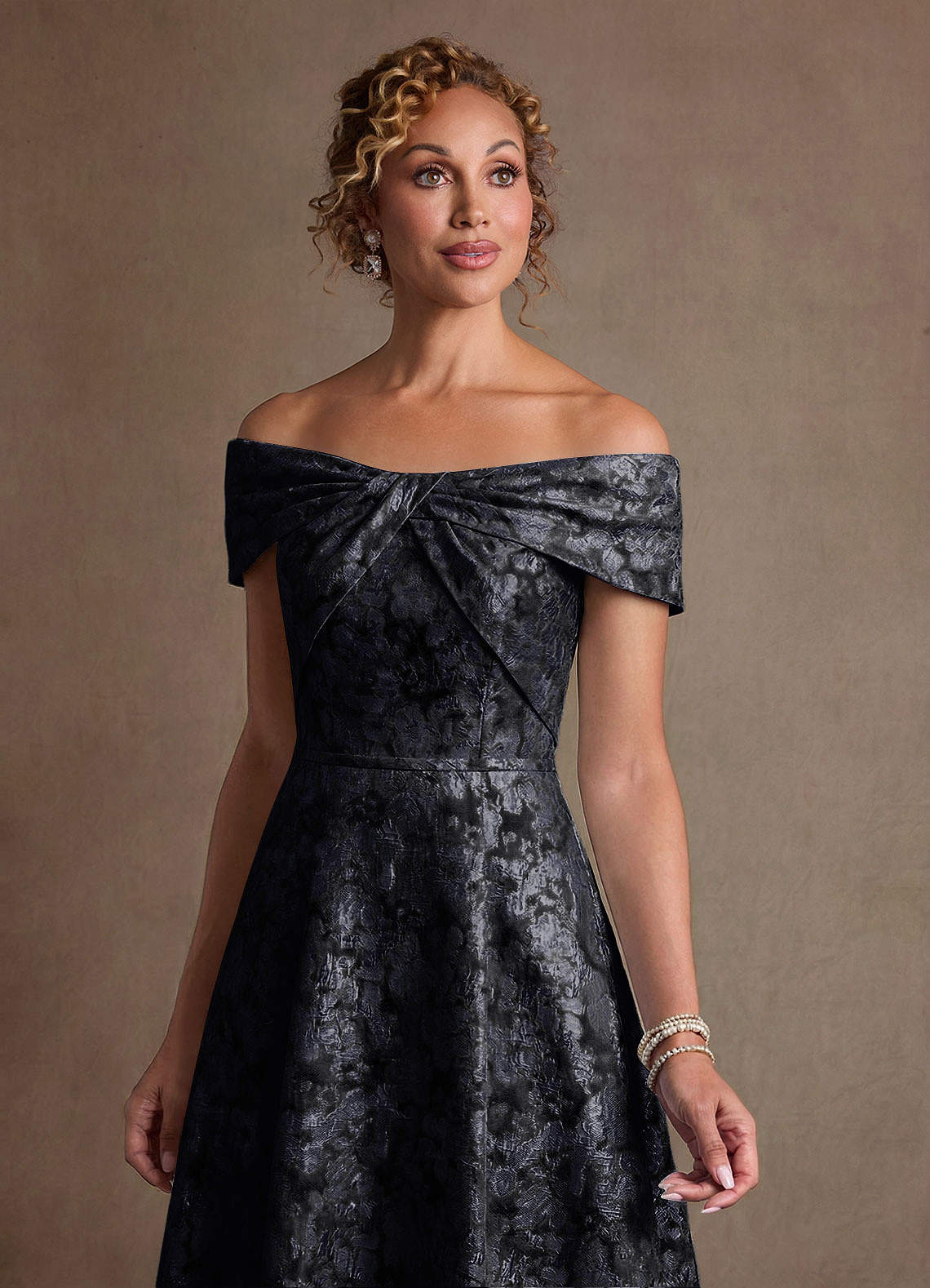 Harriett A-Line Off-the-Shoulder Jacquard Mother of the Bride Dress in black