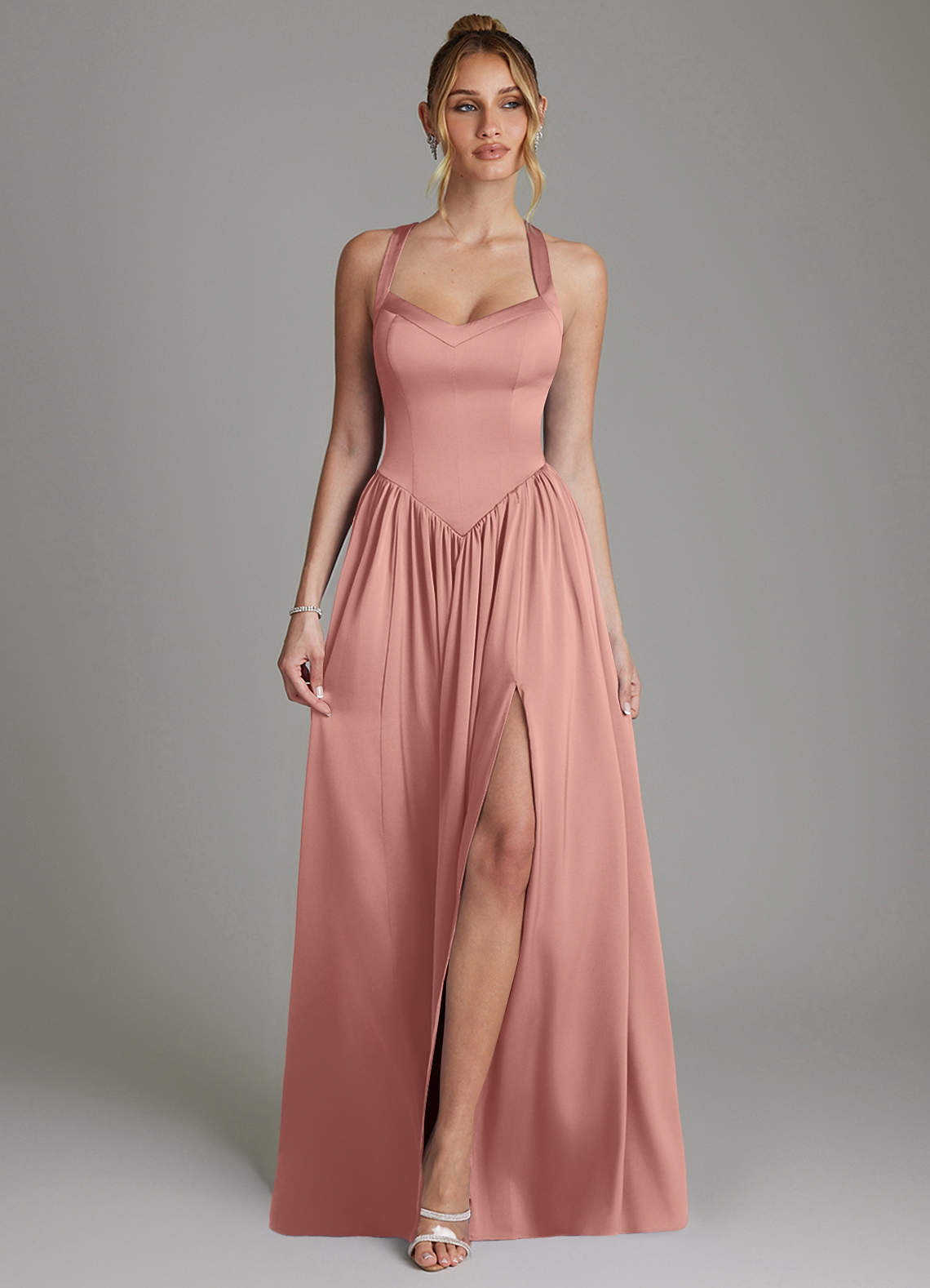 Francis A-Line V-Neck Stretch Satin Bridesmaid Dress in Rosette