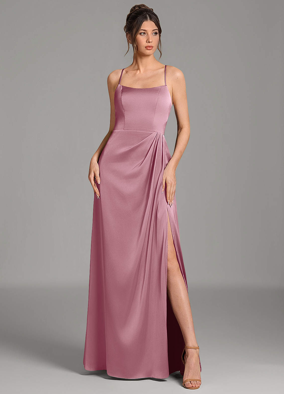 Frankie A-Line Scoop-Neck Stretch Satin Bridesmaid Dress in Vintage Mauve