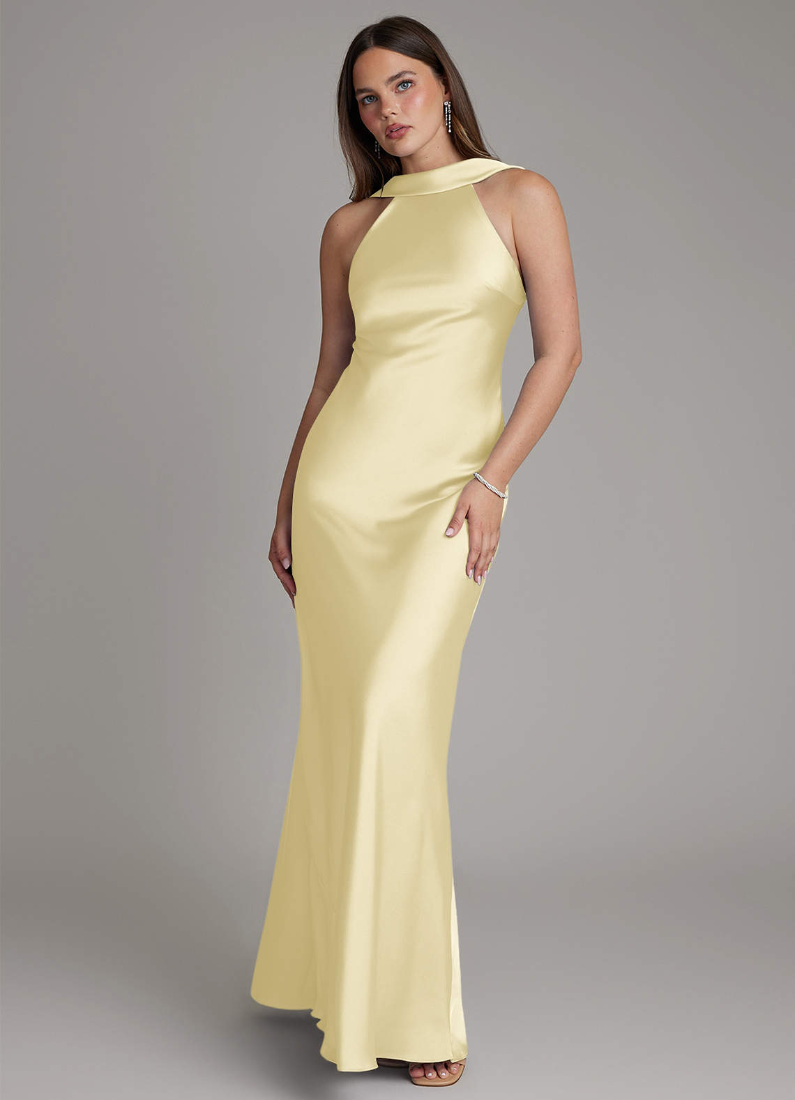 Dimitra Sheath Halter Stretch Satin Bridesmaid Dress in Lemon Sorbet