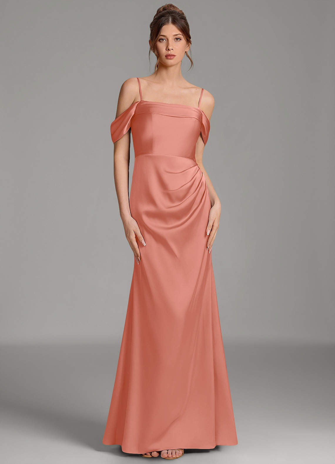 Wyatt Mermaid Off-the-Shoulder Stretch Satin Bridesmaid Dress in Salmon Pink