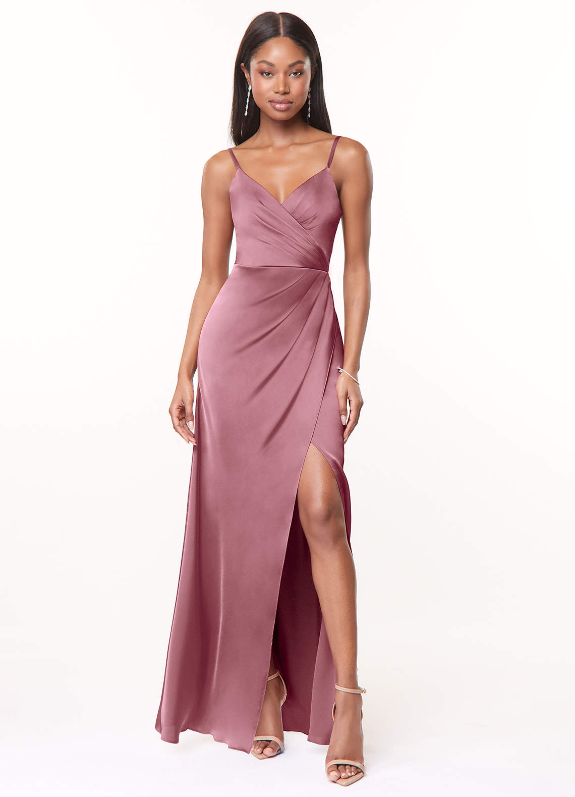 Maci A-Line V-Neck Stretch Satin Bridesmaid Dress in Vintage Mauve