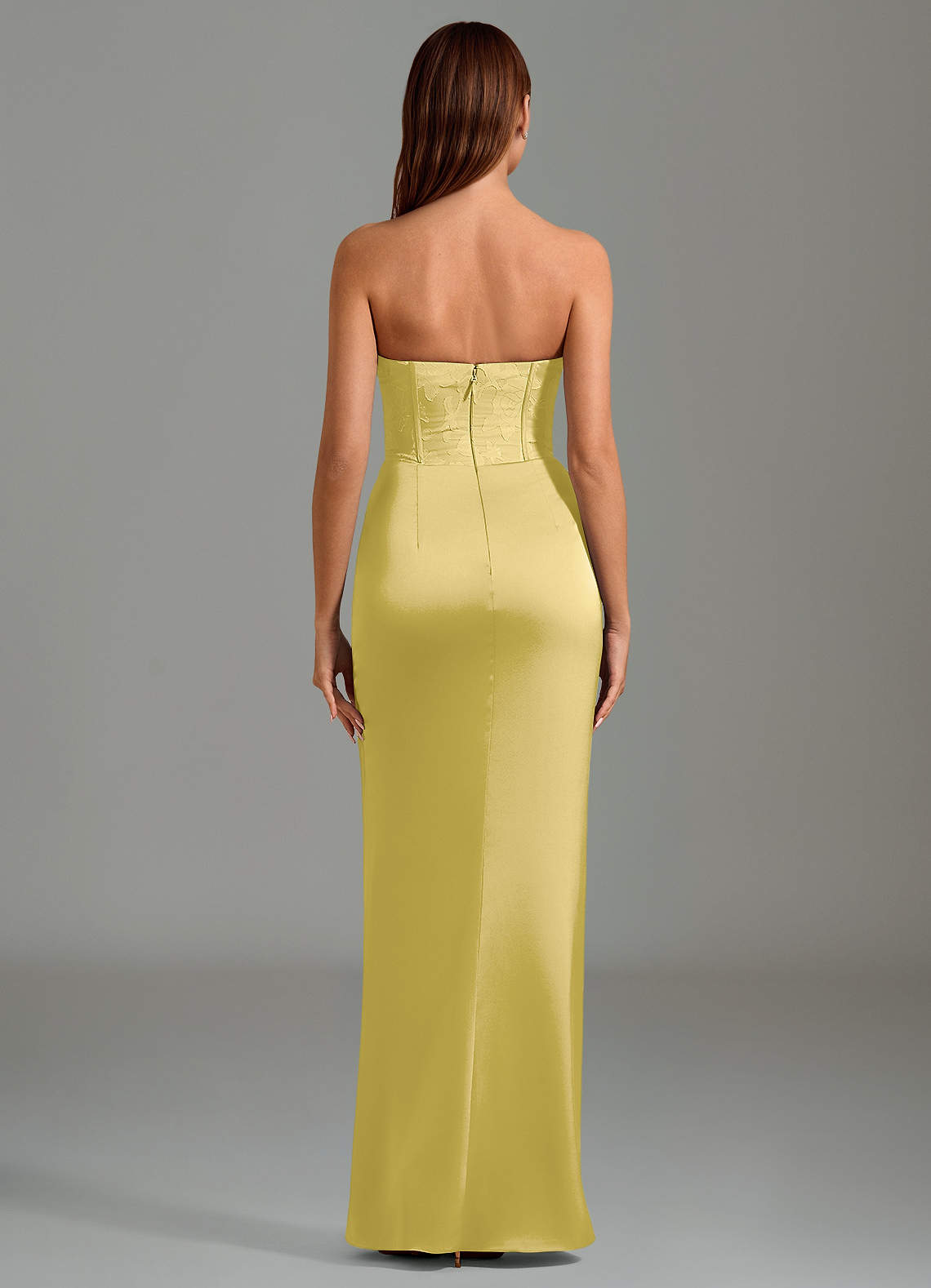 Emilia Mermaid Strapless Stretch Satin and Floral Burnout Bridesmaid Dress in Canary