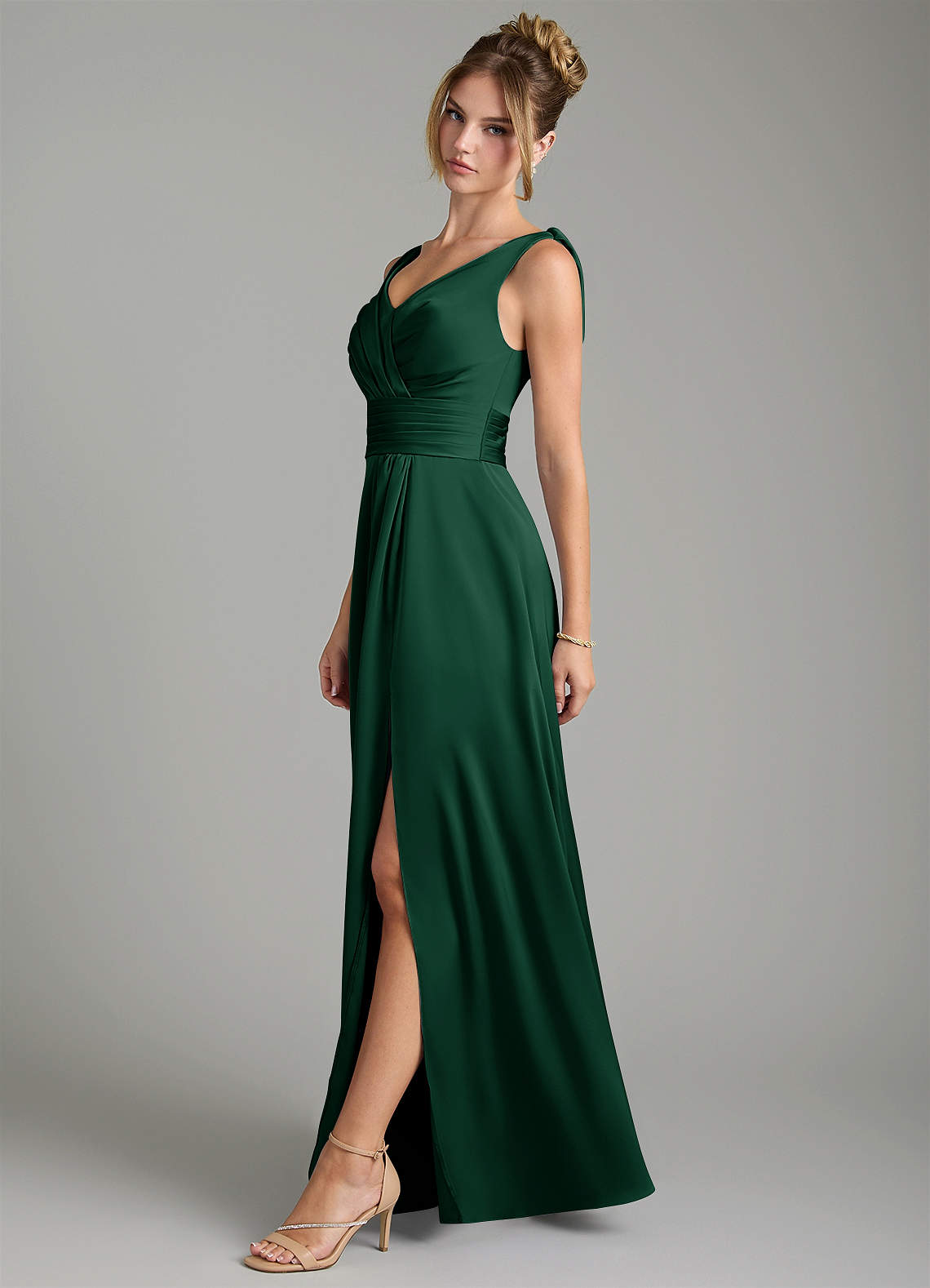 Karina A-Line V-Neck Stretch Satin Bridesmaid Dress in Dark Green