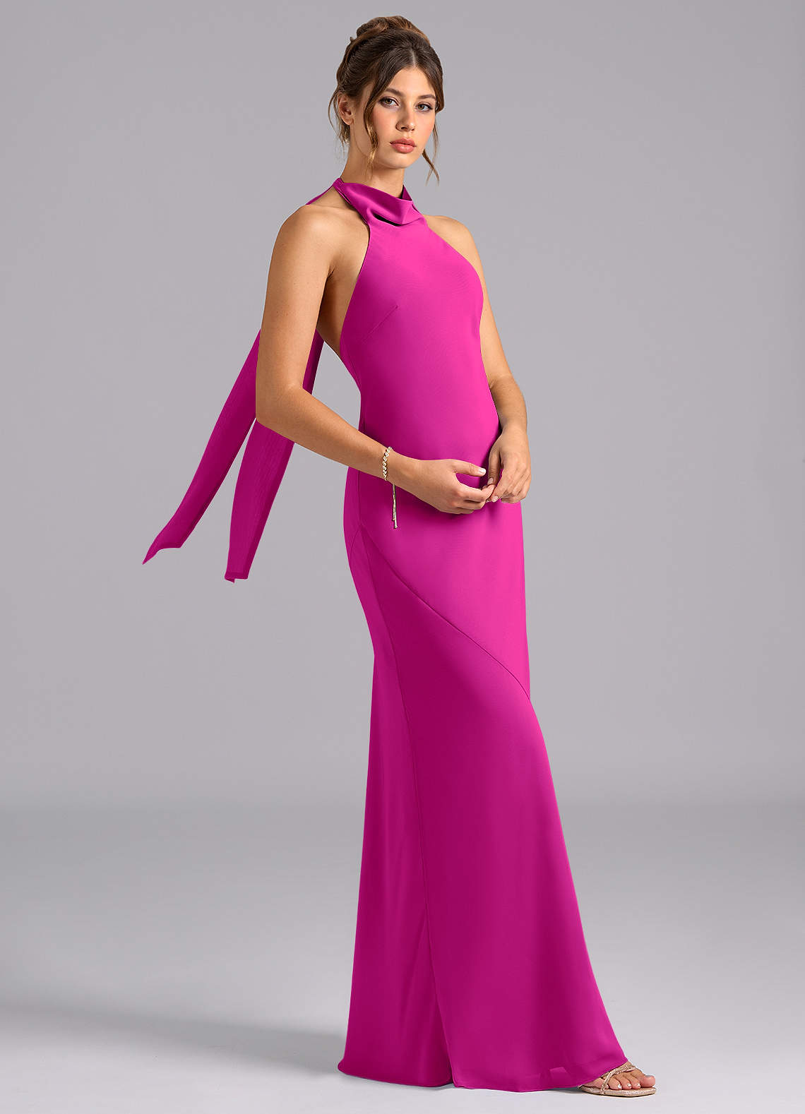 Velli Mermaid Halter Chiffon Bridesmaid Dress in Fuchsia
