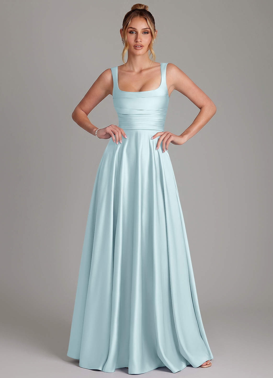 Azaria A-Line Square-Neck Stretch Satin Bridesmaid Dress in Cloud Blue