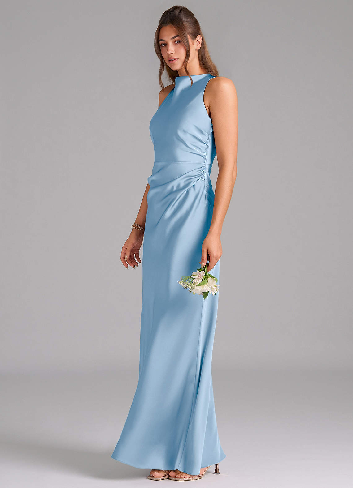 Evadne Sheath Scoop-Neck Stretch Satin Bridesmaid Dress in Powder Blue