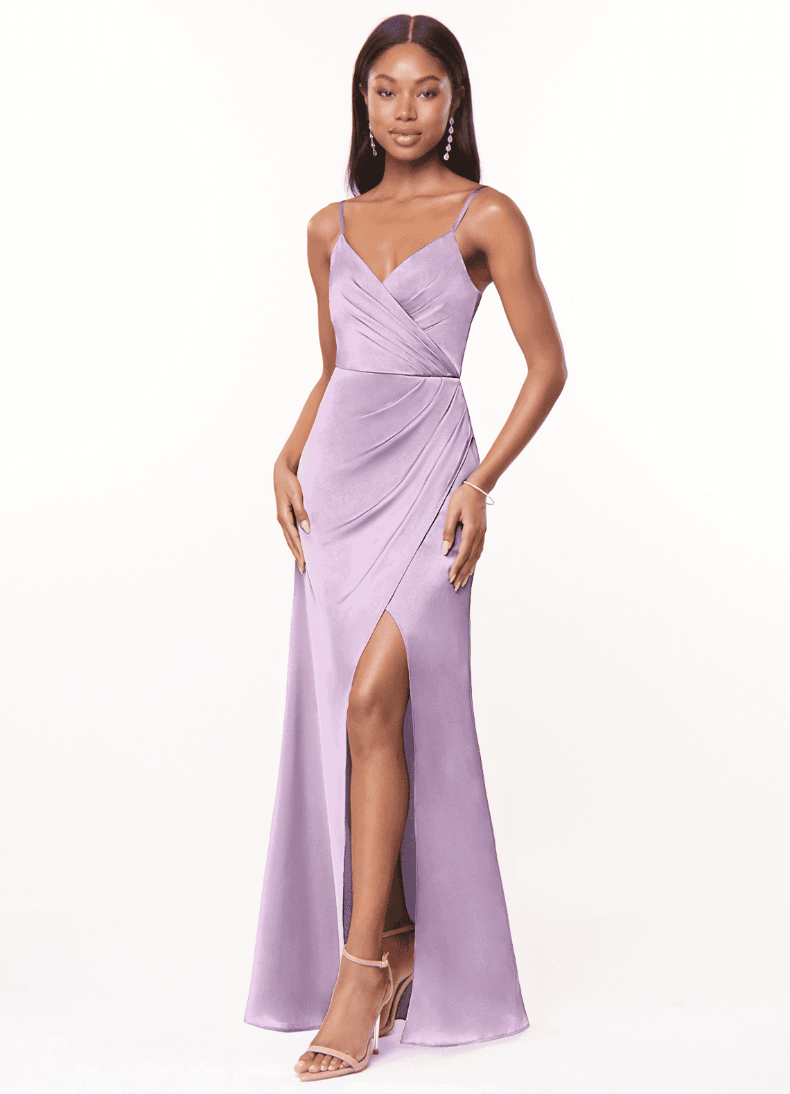 Maci A-Line V-Neck Stretch Satin Bridesmaid Dress in Frosted Lilac