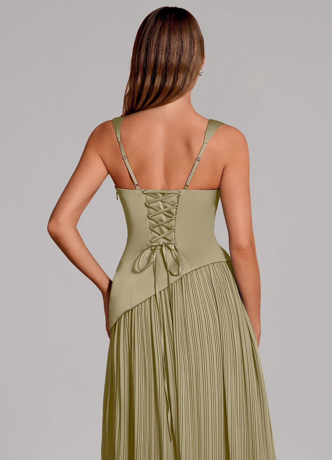 Stephanie A-Line Square-Neck Stretch Satin and Chiffon Bridesmaid Dress in Moss Green