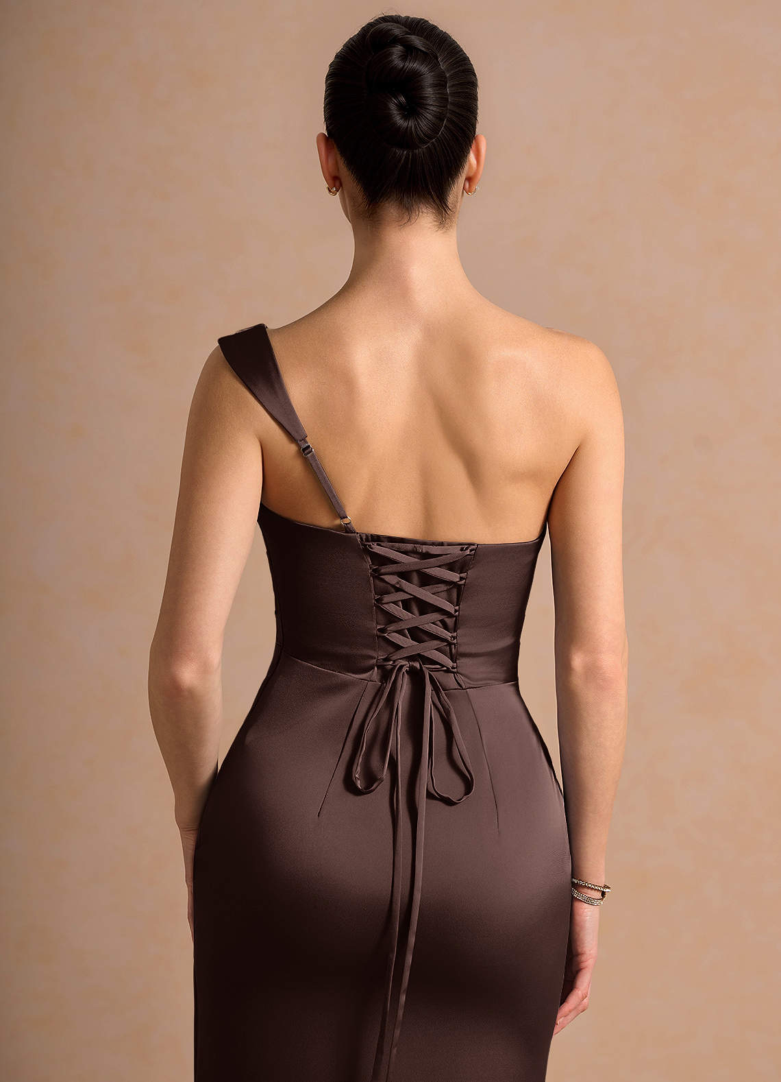 Cassiopeia One-Shoulder Draped Stretch Satin Evening Dress in Truffle