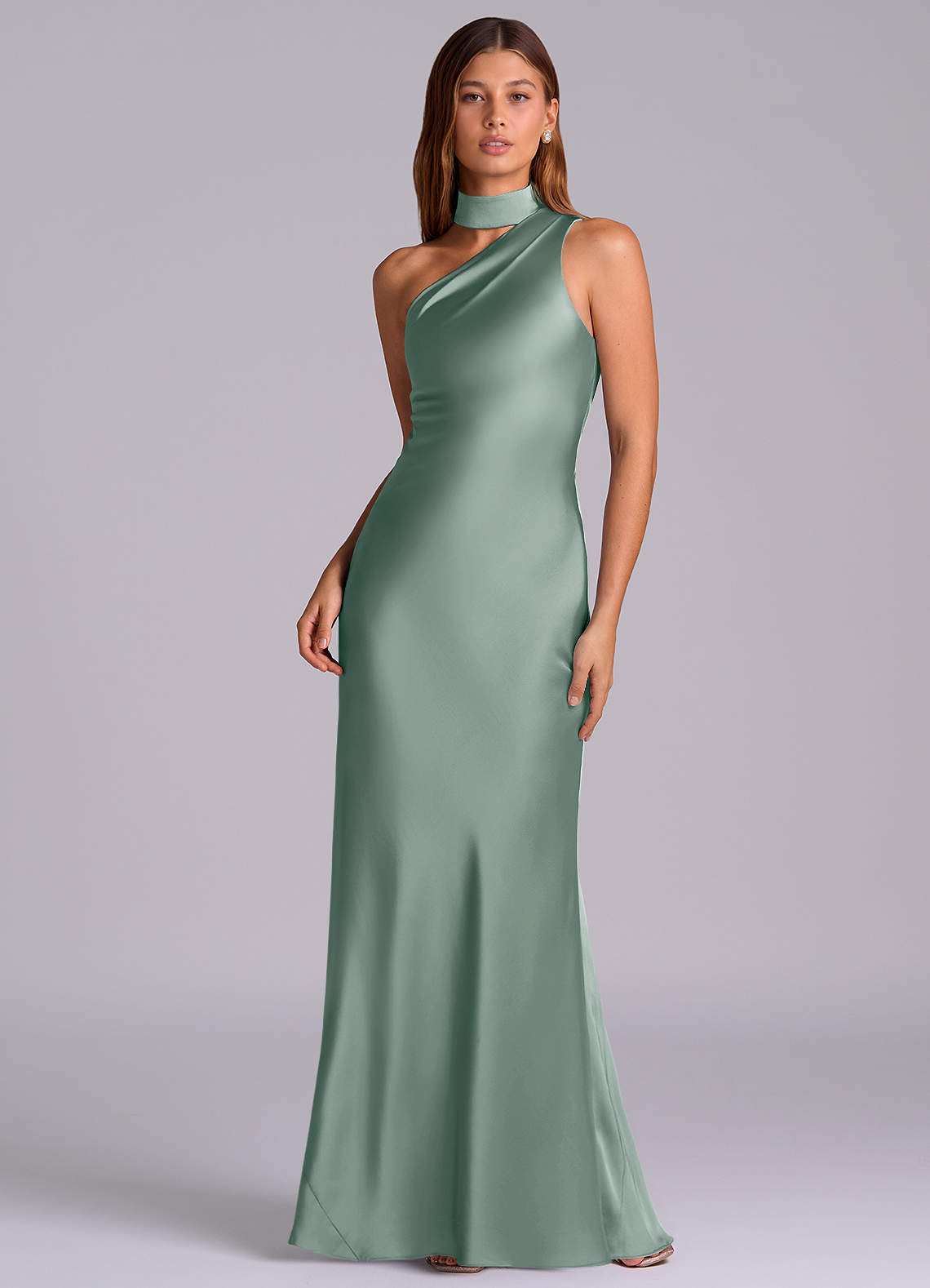 Seona Mermaid One-Shoulder Stretch Satin and Tulle Bridesmaid Dress in Silver Sage