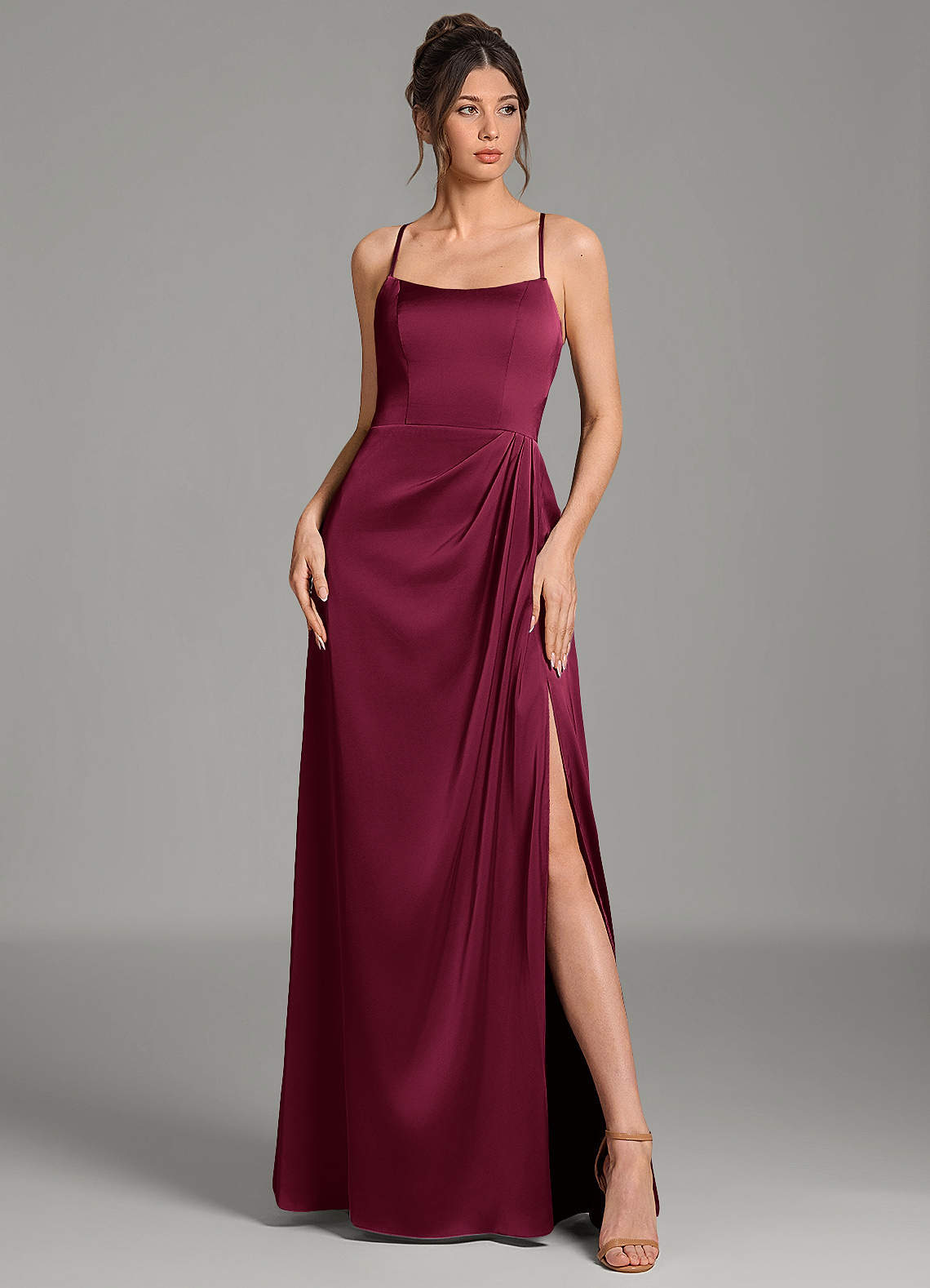 Frankie A-Line Scoop-Neck Stretch Satin Bridesmaid Dress in Burgundy