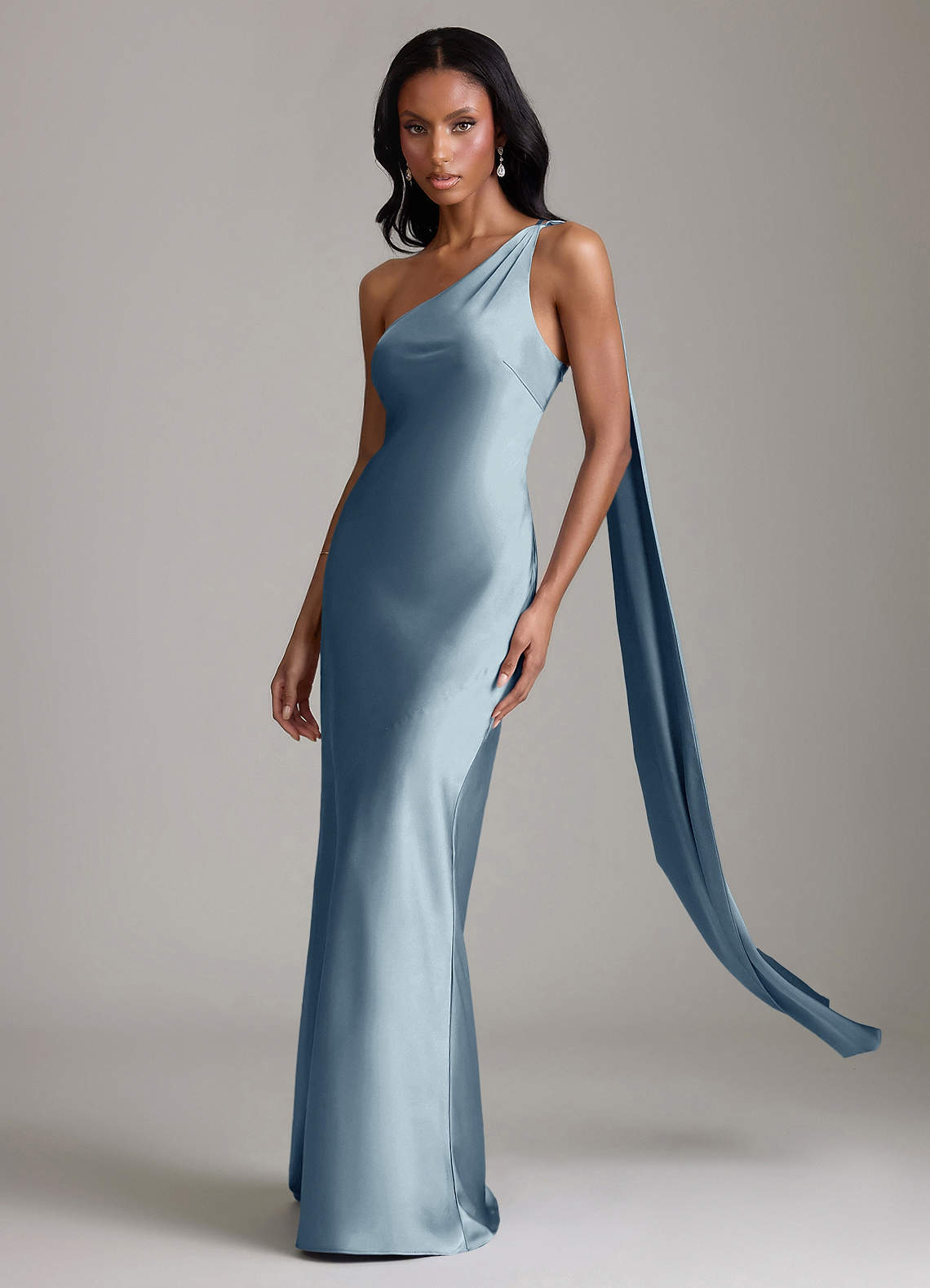Juniper Mermaid One-Shoulder Stretch Satin Bridesmaid Dress in dusty blue