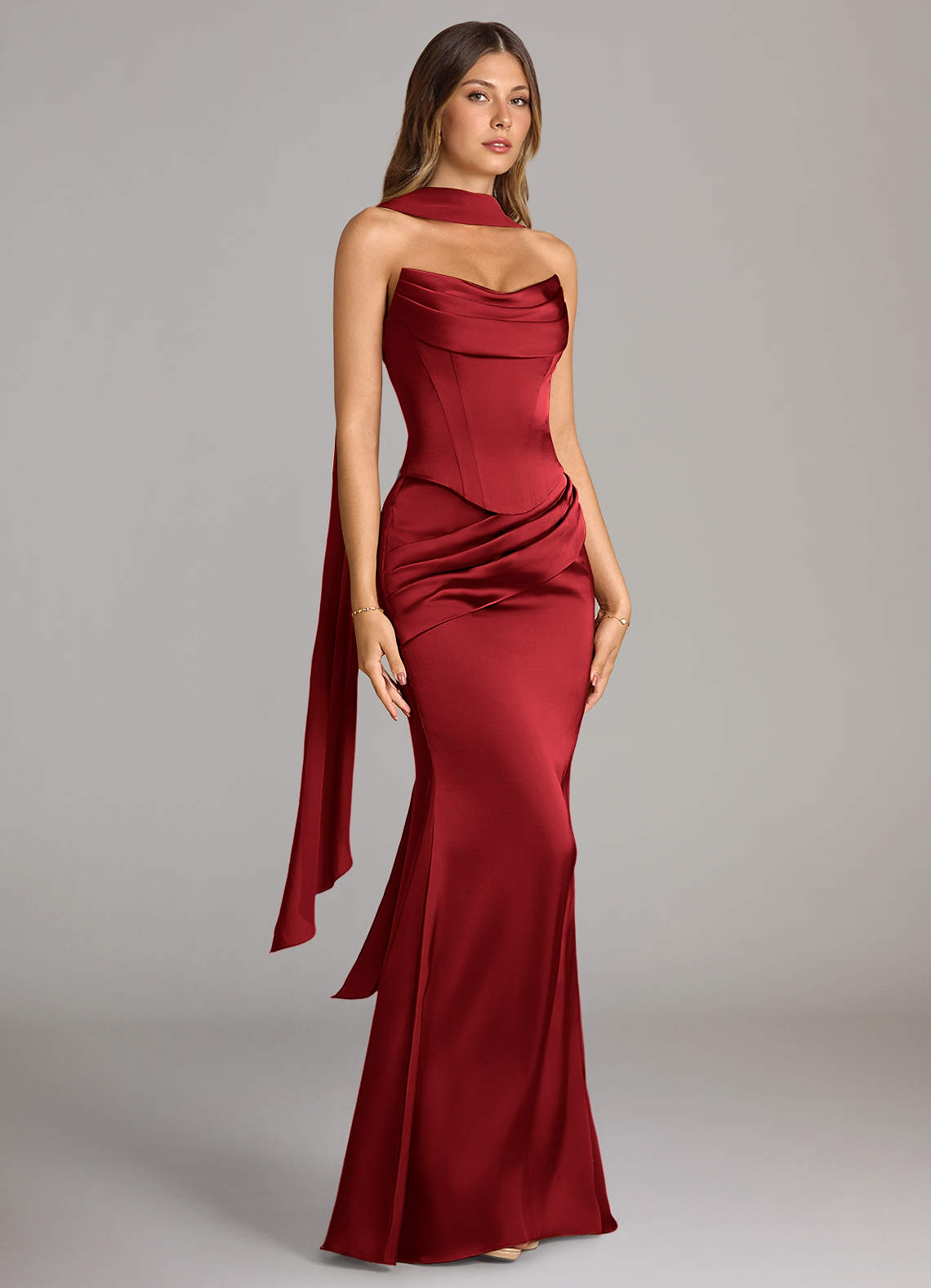 Sorrel Mermaid Cowl-Neck Stretch Satin and Chiffon Bridesmaid Dress in Scarlet