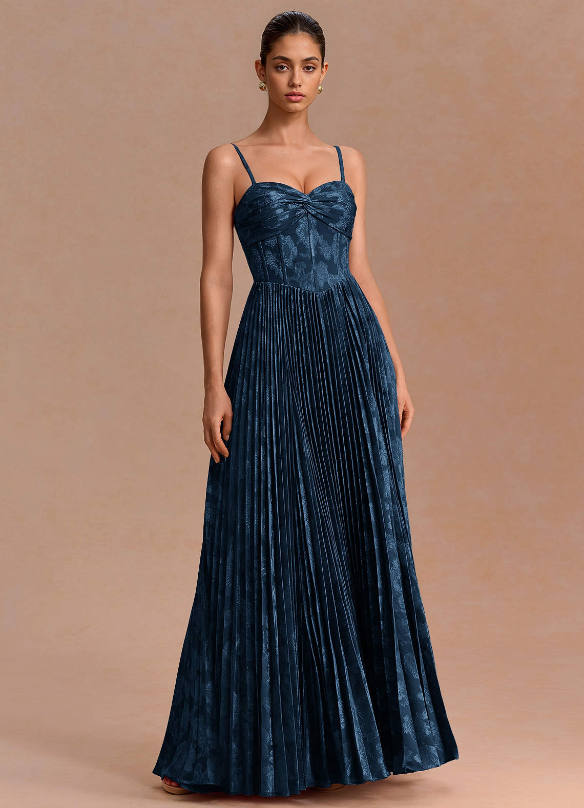 Delfina A-Line Twisted-Bust Fil Coupé Evening Dress in Navy