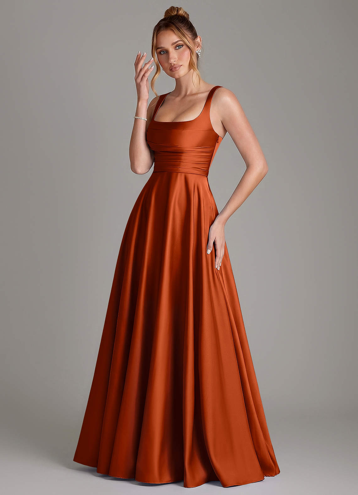 Azaria A-Line Square-Neck Stretch Satin Bridesmaid Dress in Paprika