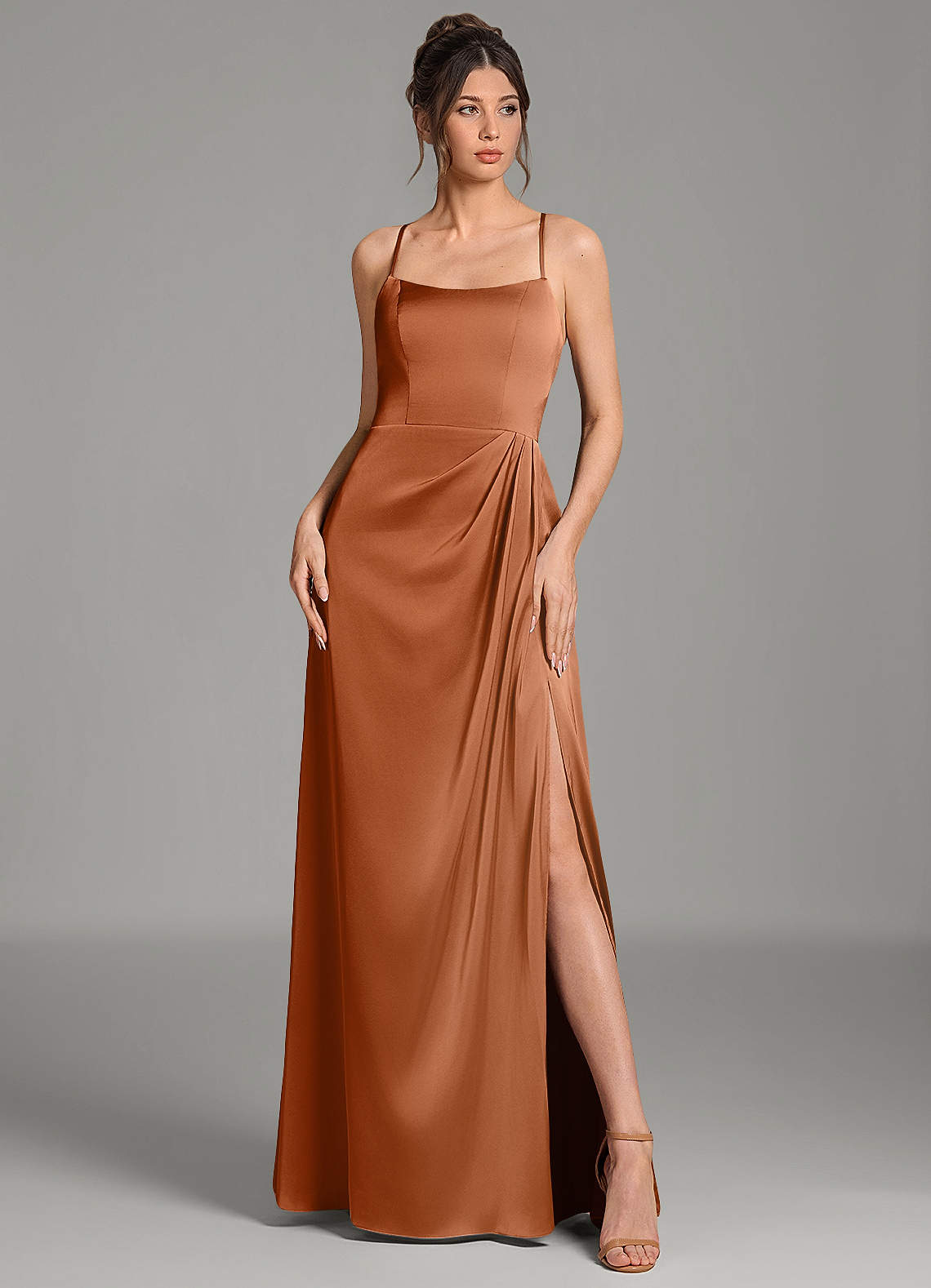 Frankie A-Line Scoop-Neck Stretch Satin Bridesmaid Dress in Copper
