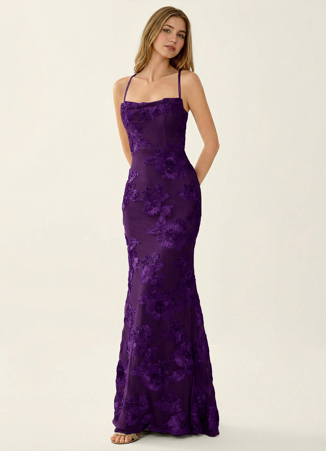 Kailani Mermaid Spaghetti-Strap Lace Evening Dress in Plum