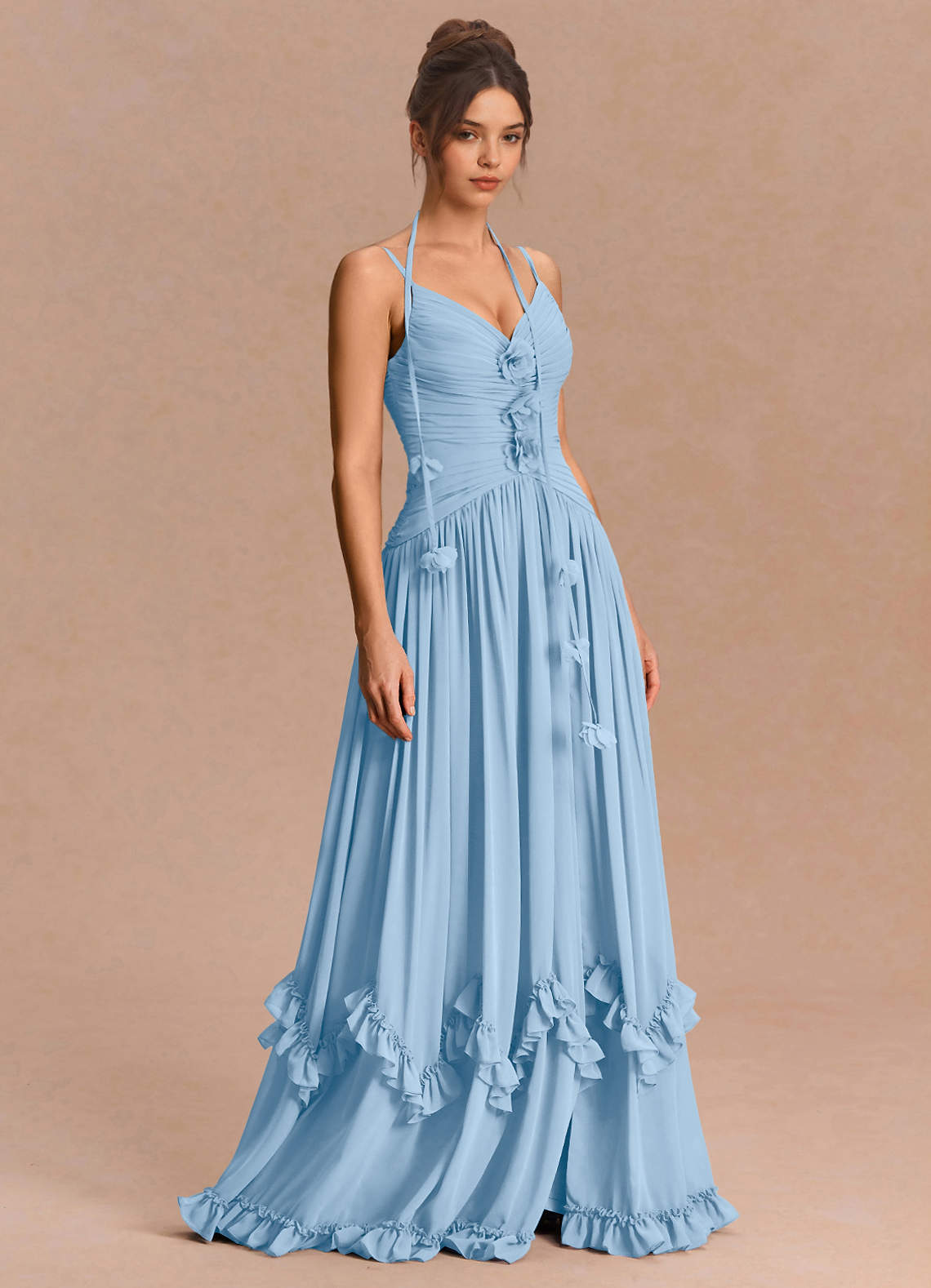 Eulalie A-Line Floral-Appliqué Chiffon Evening Dress in Haze blue