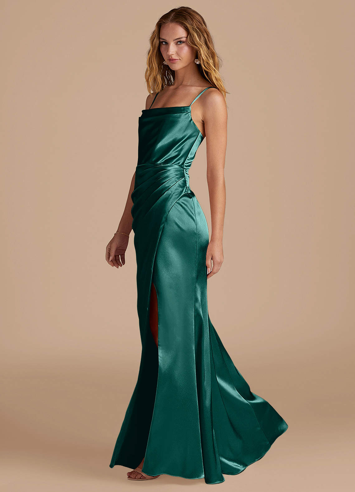 Marzia Mermaid Square-Neck Metallic Satin Bridesmaid Dress in Pine