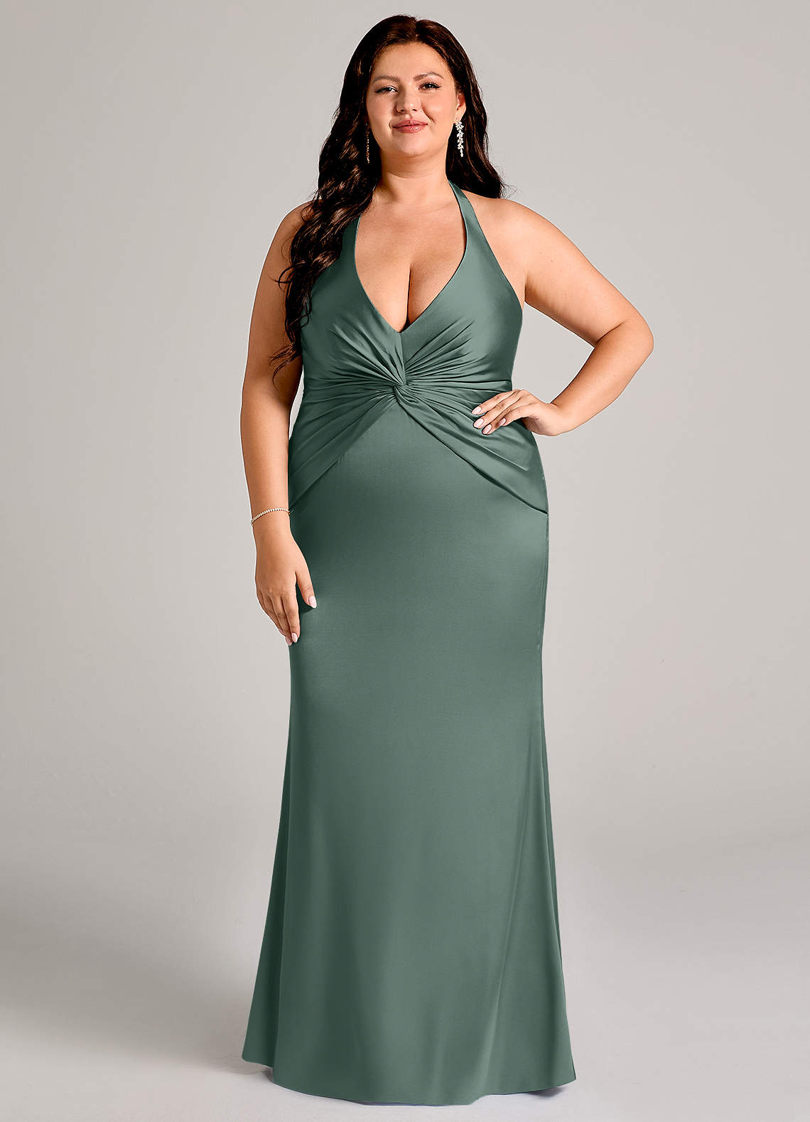 Valerie Mermaid V-Neck Stretch Satin Bridesmaid Dress in Sea Moss