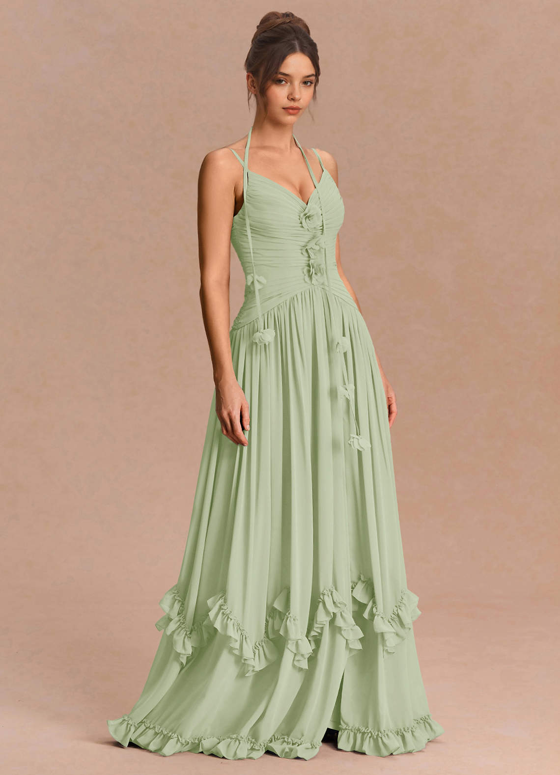 Eulalie A-Line Floral-Appliqué Chiffon Evening Dress in Light Green