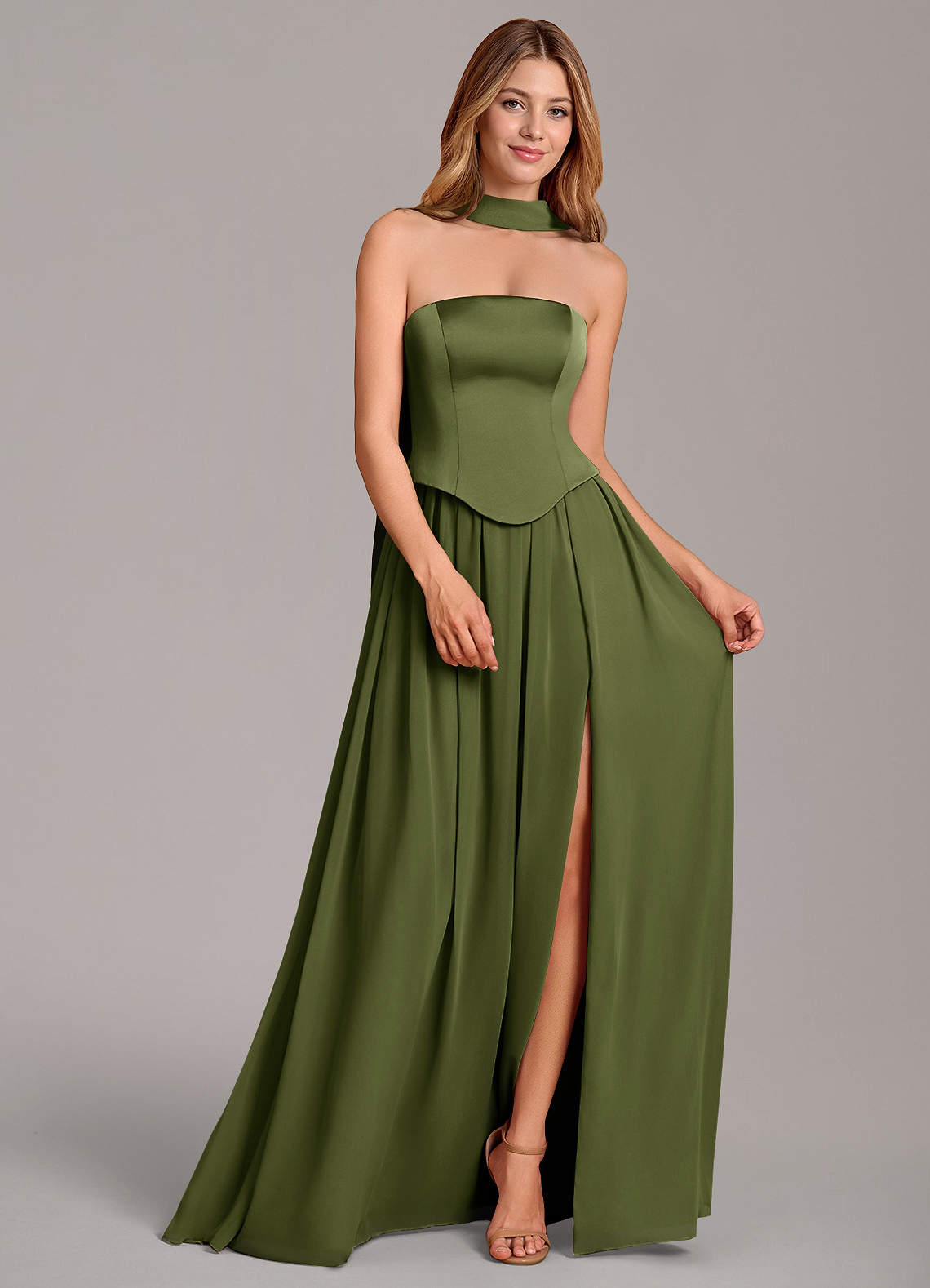 Cadence A-Line Strapless Chiffon and Stretch Satin Bridesmaid Dress in Olive