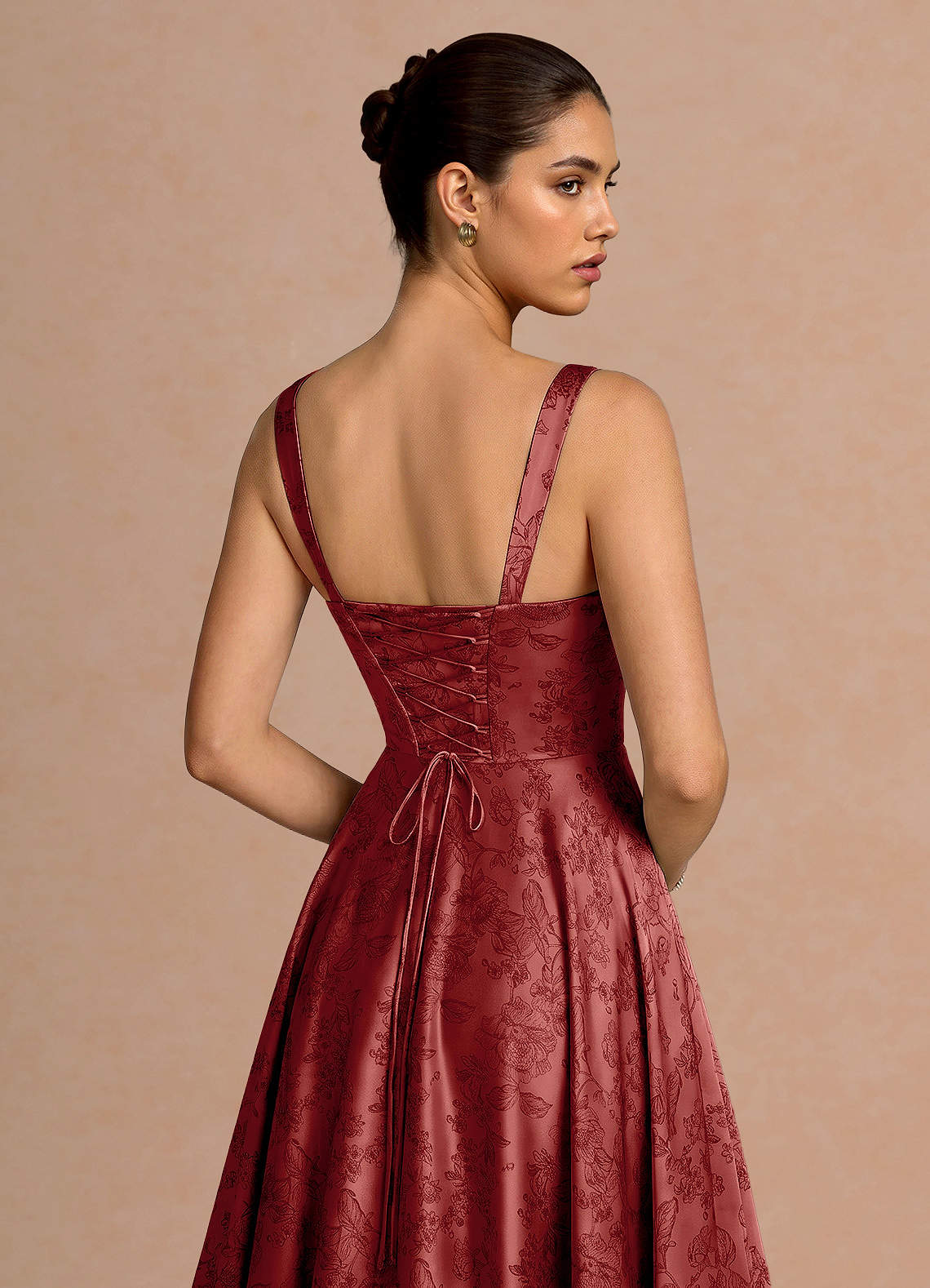 Azaria A-Line Square-Neck Jacquard Evening Dress in Orange Red