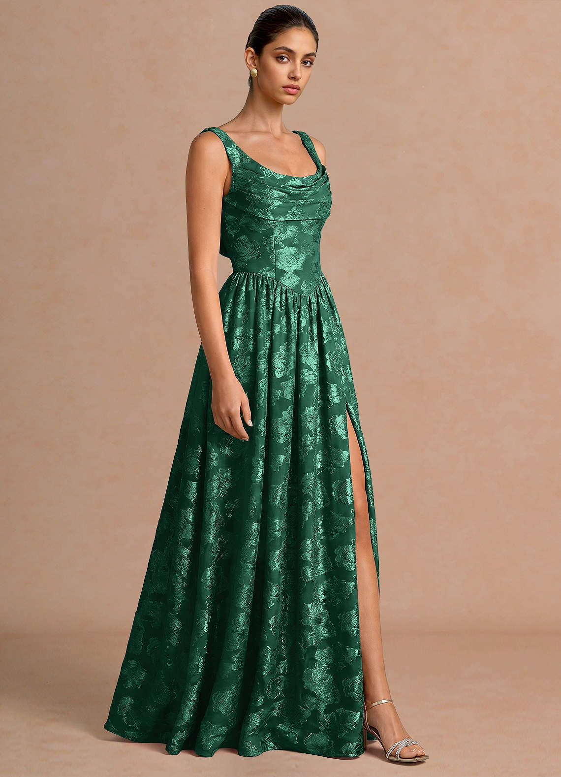 Novi A-Line Draped-Neck Floral Fil Coupé Evening Dress in Hunter Green