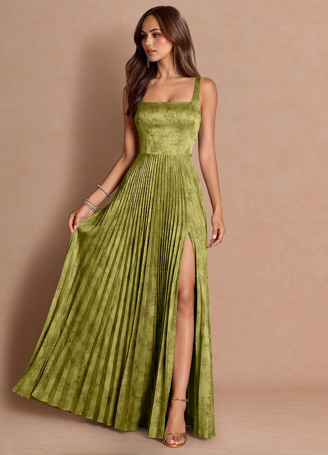 Tatiana A-Line Square-Neck Jacquard Wedding Guest Dress in Moss Navy