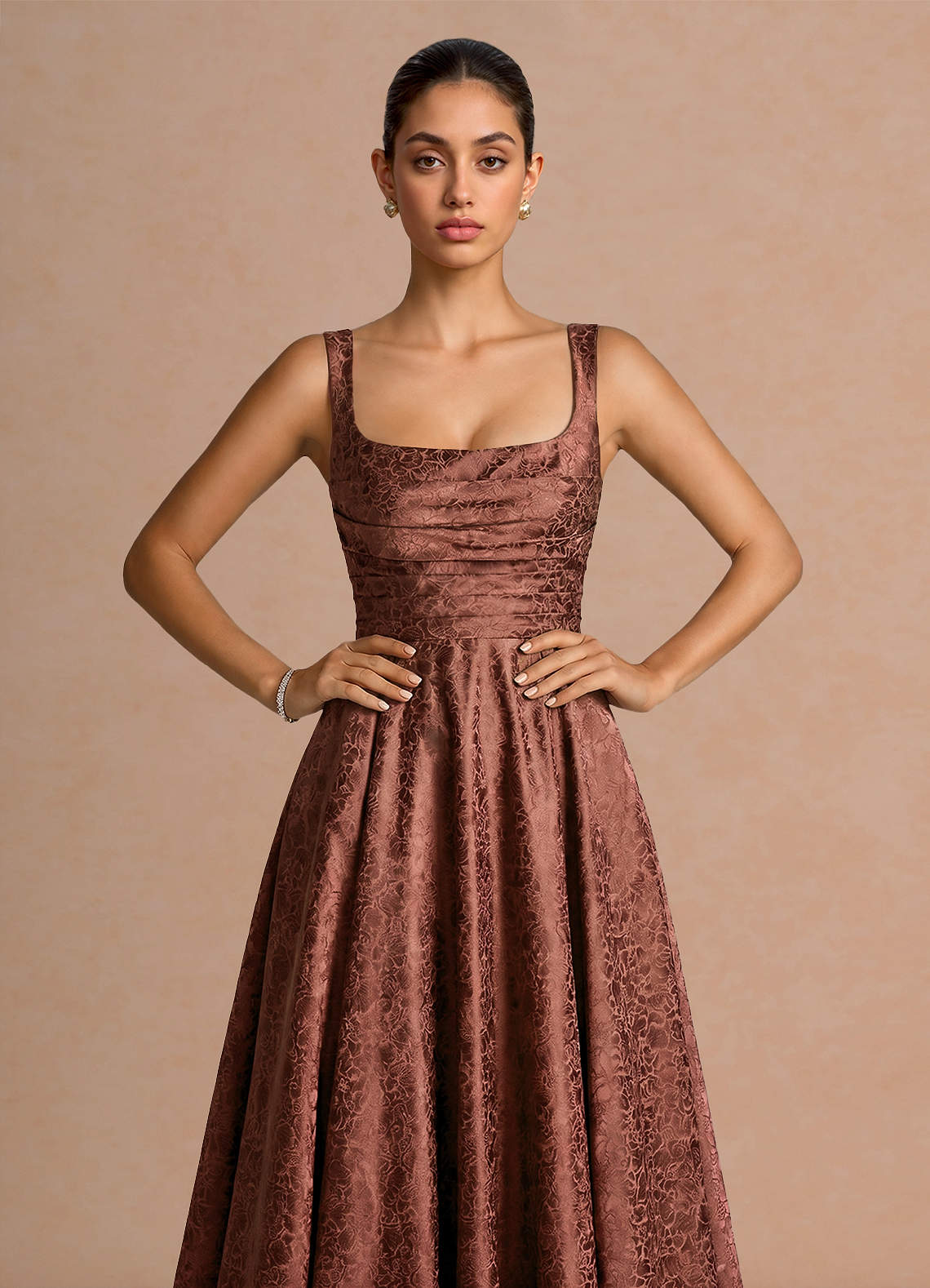 Elowena A-Line Square-Neck Satin Jacquard Evening Dress in Brick Red