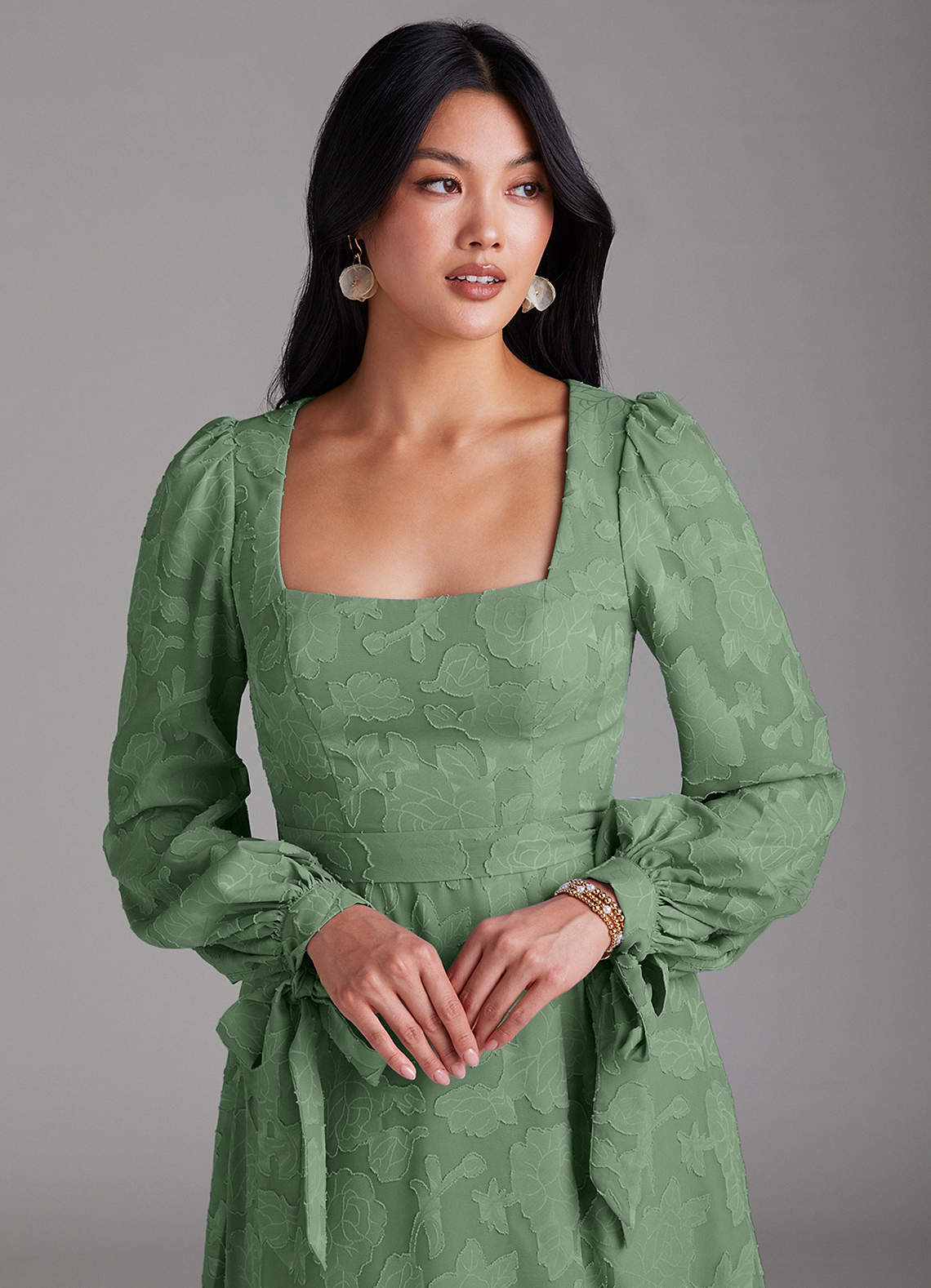Leonia A-Line Square-Neck Stretch Satin Bridesmaid Dress in Eucalyptus