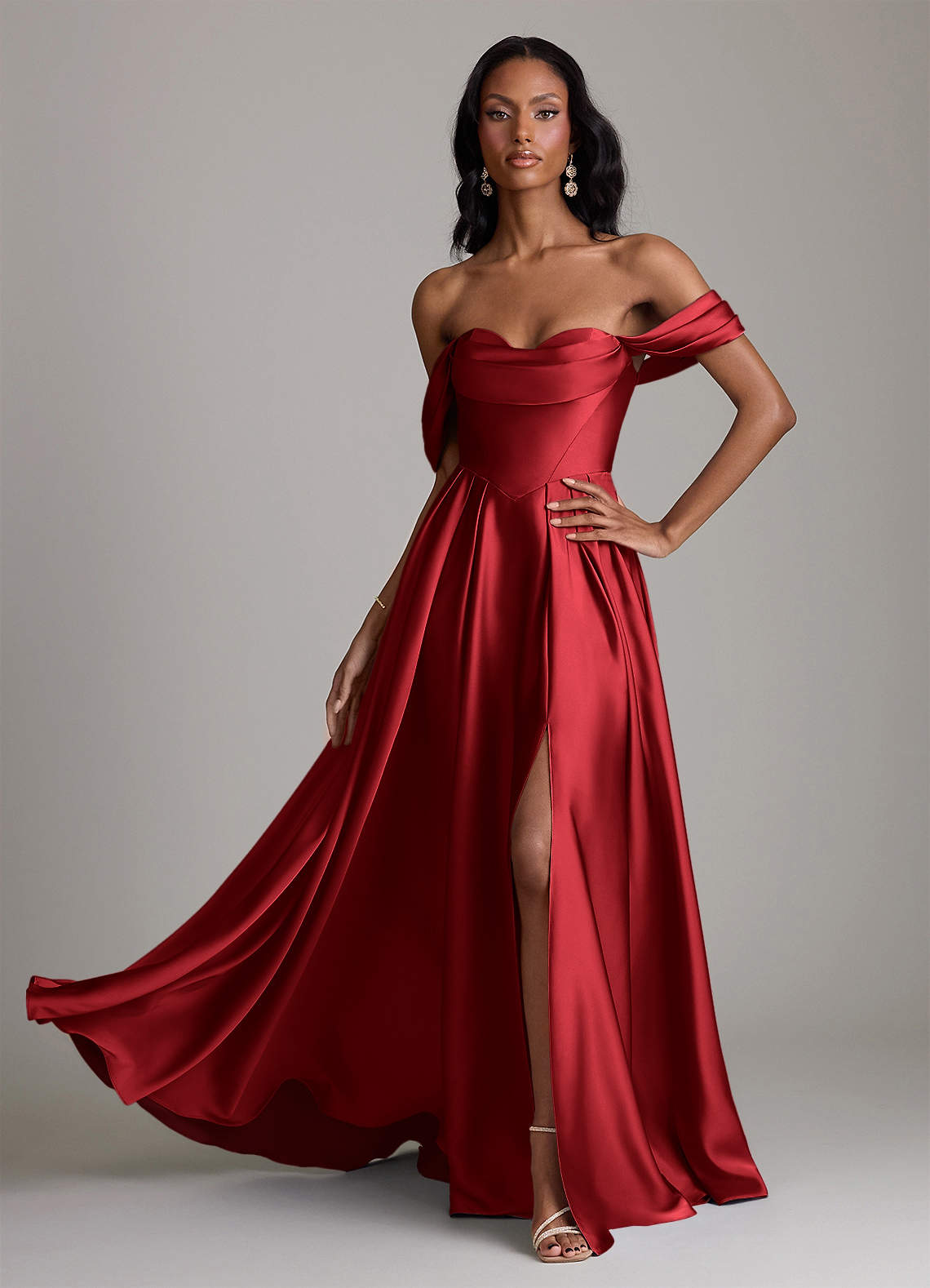 Loisa A-Line Off-the-Shoulder Stretch Satin Bridesmaid Dress in Scarlet