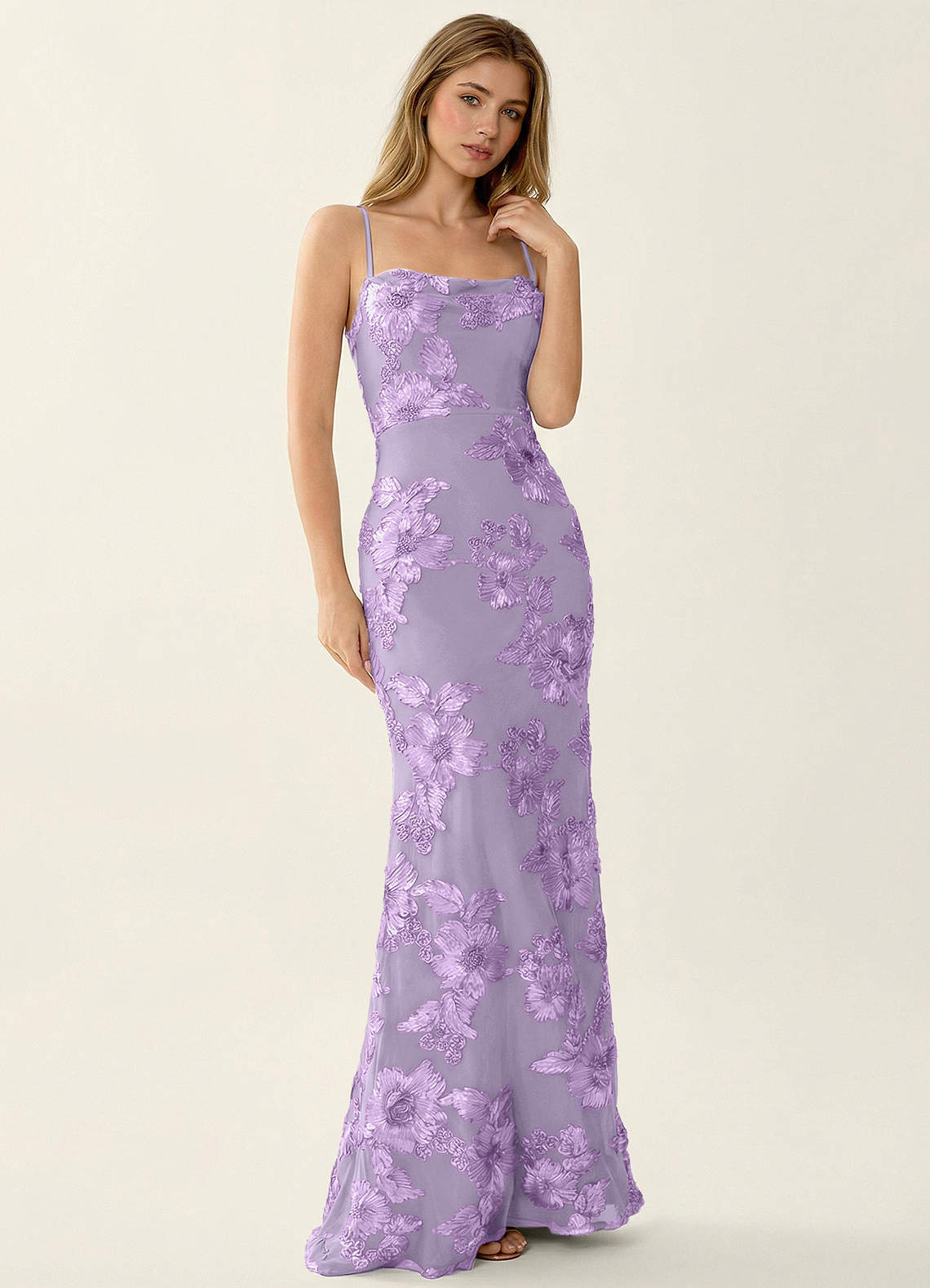 Kailani Mermaid Spaghetti-Strap Lace Evening Dress in Wisteria