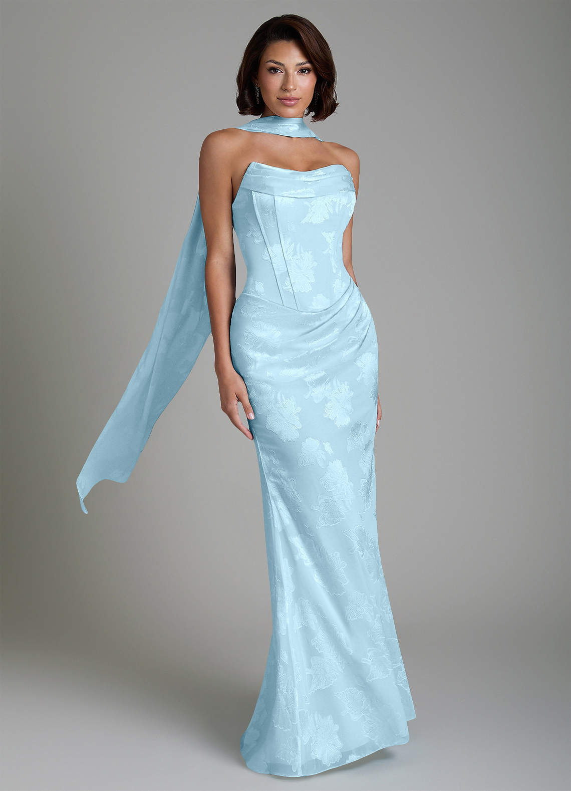 Ariah Mermaid Cowl-Neck Jacquard Bridesmaid Dress in Sky Blue